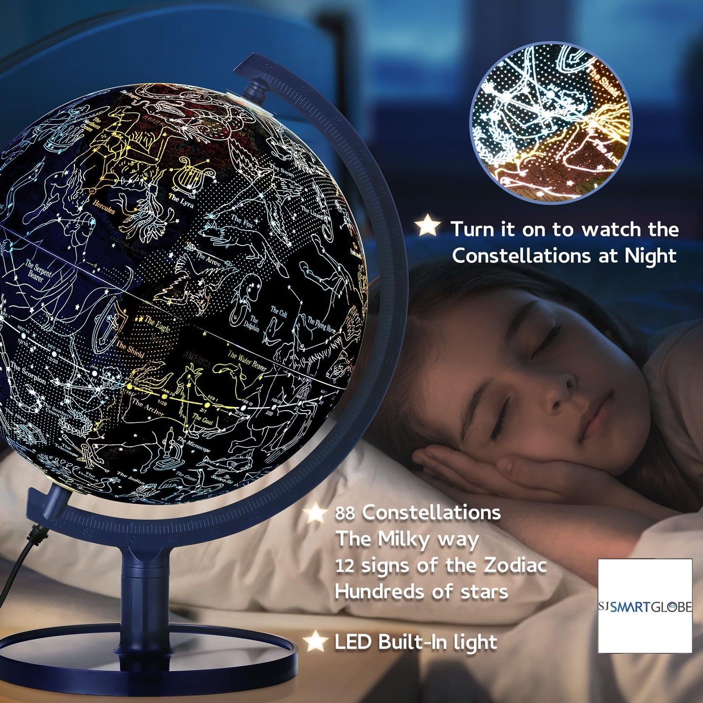 SJSMARTGLOBE Interactive 10" Globe for Children with Stand (DIY) - App-Compatible, 400 Wonders, 1000+ Facts, LED Constellations, STEM Globe, World Lamp & Earth Decor