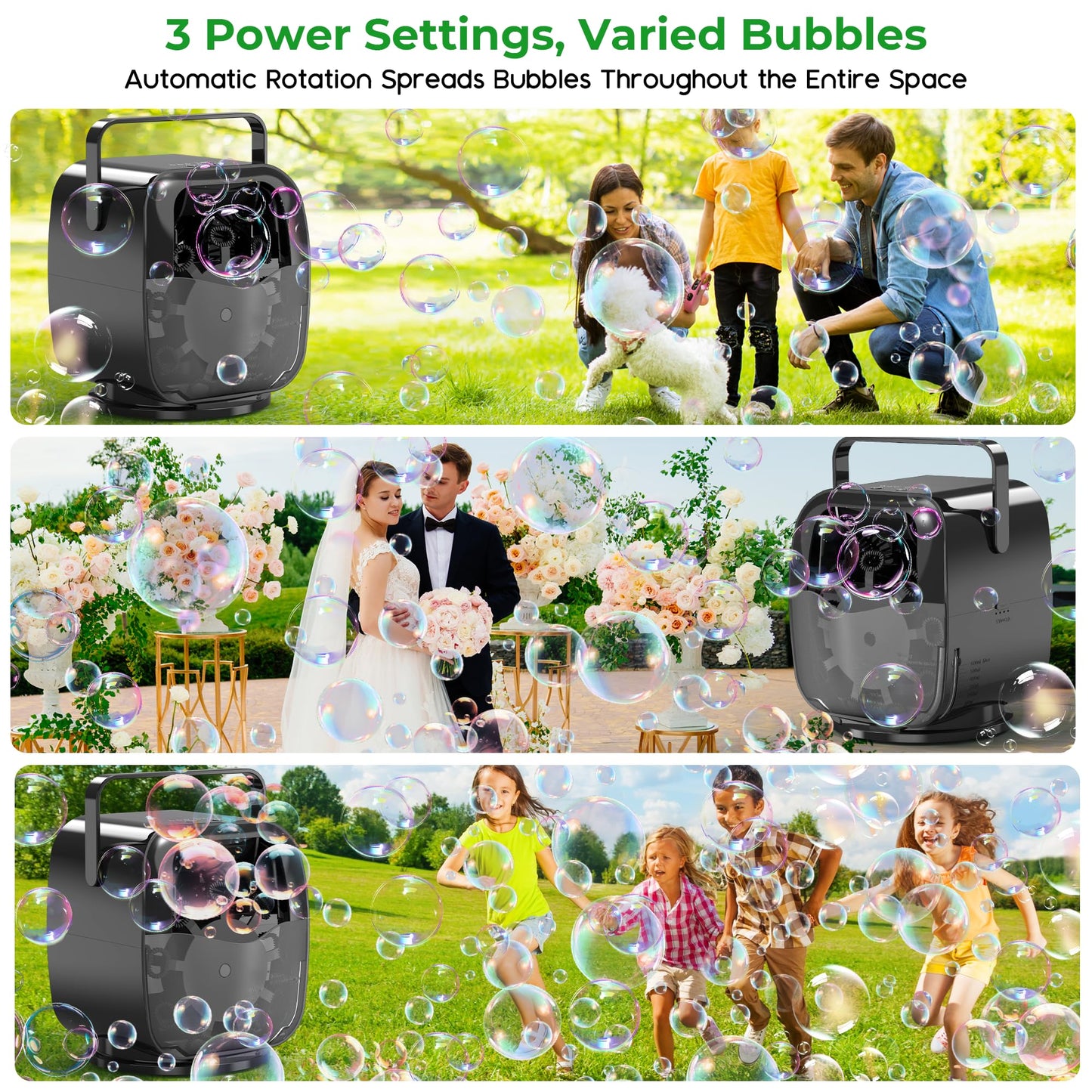 5000mAh Rechargeable Bubble Machine, 90°/180°/360° Auto Rotation, 3 Speeds, Automatic Bubble Blower for Parties, Weddings, Getherings Indoor Outdoor, Bubble Maker Toy for Toddlers, Kids, Pets