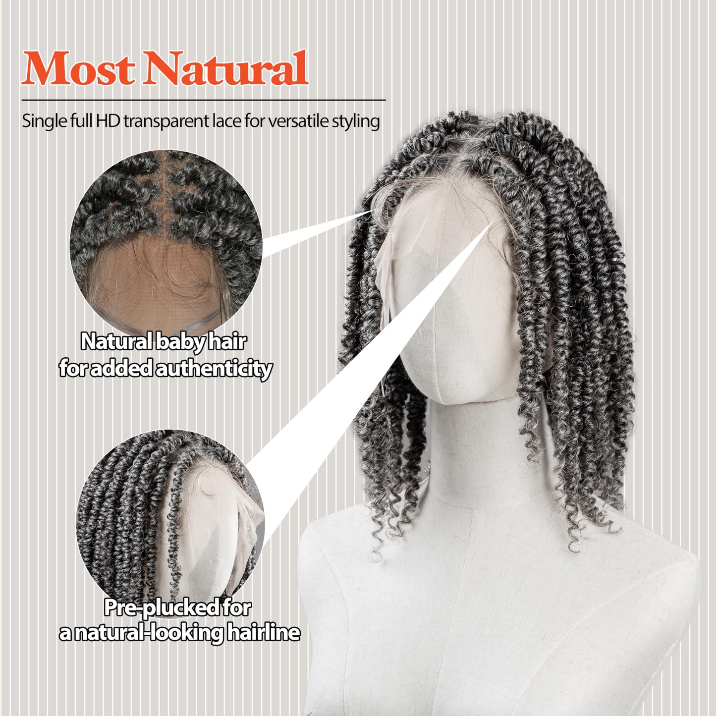 RAHELMO 12” Single Full Lace Wig Passion Twist - Square Parted Knotless Braided Wigs for Black Women - Synthetic HD Lace Wig with Natural Baby Hair (#1 Jet Black)