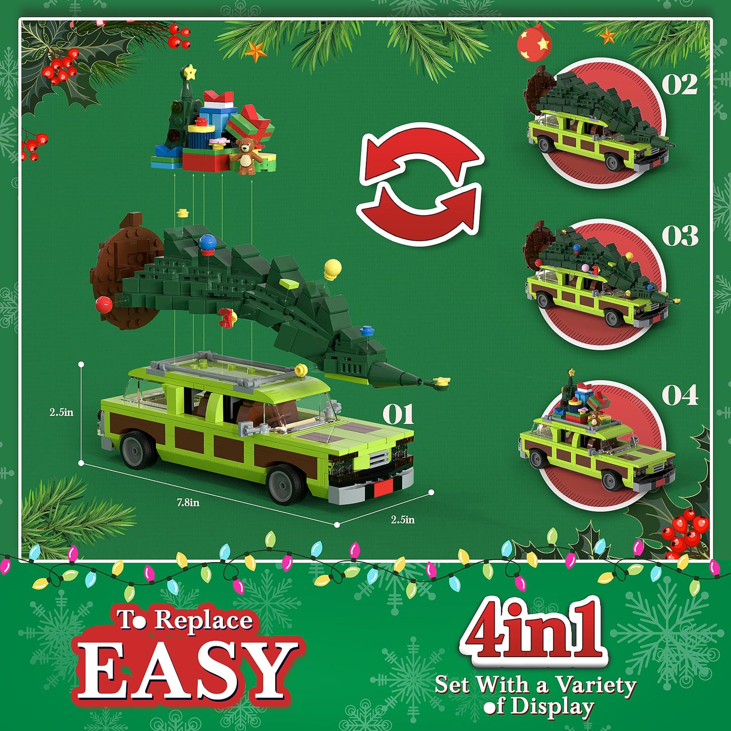 JAEUZKJYDA Christmas Village Movie Building Toy Set, 4 in1 Station Wagon with Family Christmas Tree Building Kit, Christmas Decorations, for Movie Fans Adults Boys and Kids 2025
