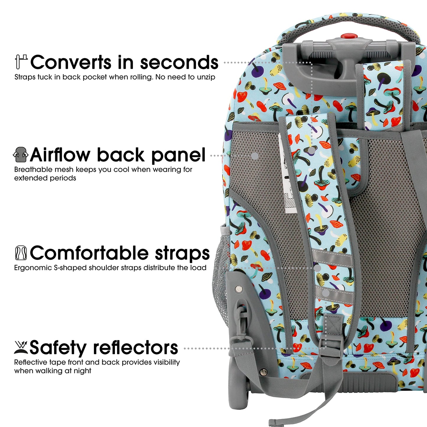 J World Sundance Laptop Rolling Backpack for Girls Boys. Roller Bookbag with Wheels, 20 Inch, Skyshroom