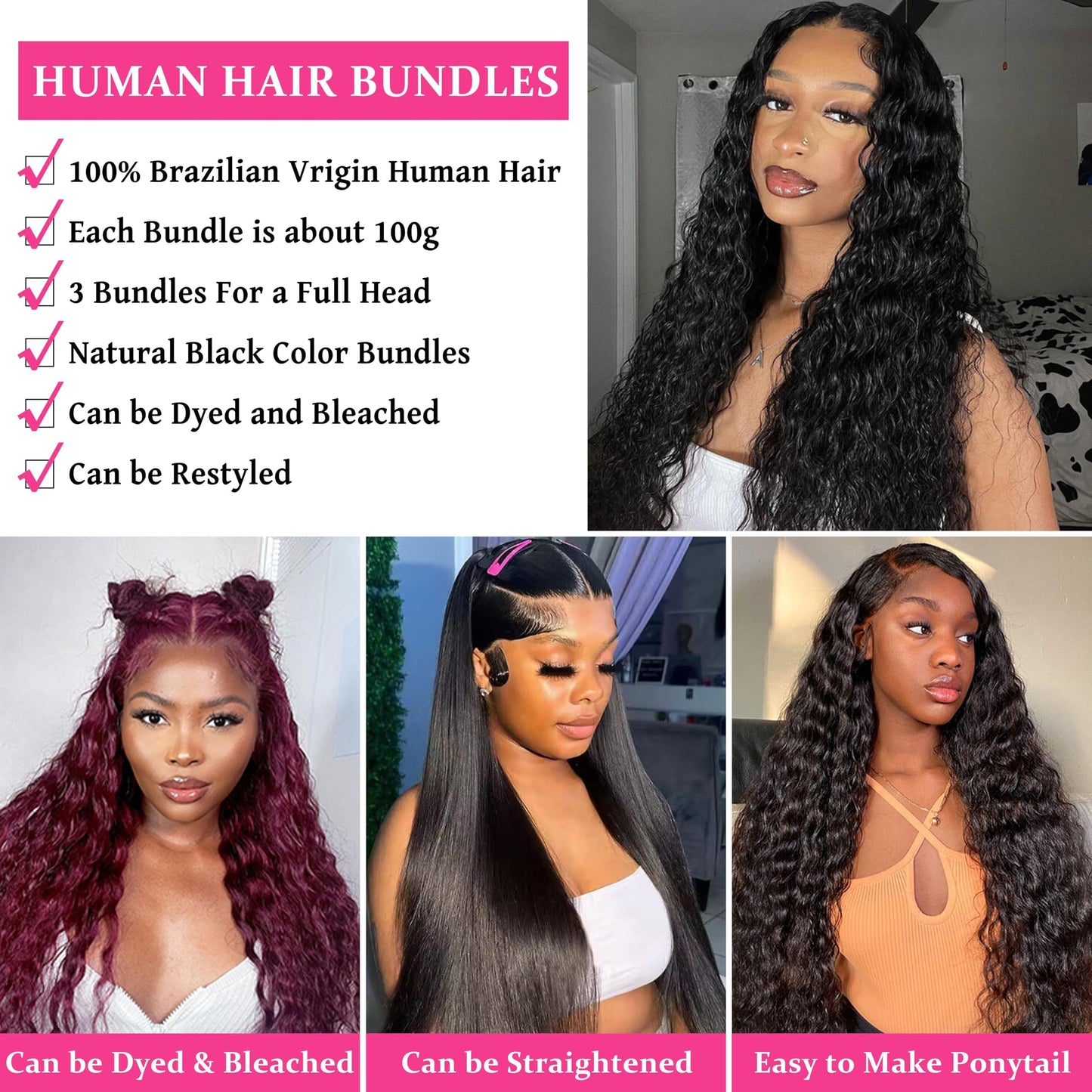 Water Wave Human Hair Bundles 1 Bundle 26 Inch Deep Curly Human Hair Bundles Double Weft Natural Quick Weave Hair Bundles Wet and Wavy Curly Hair Extensions