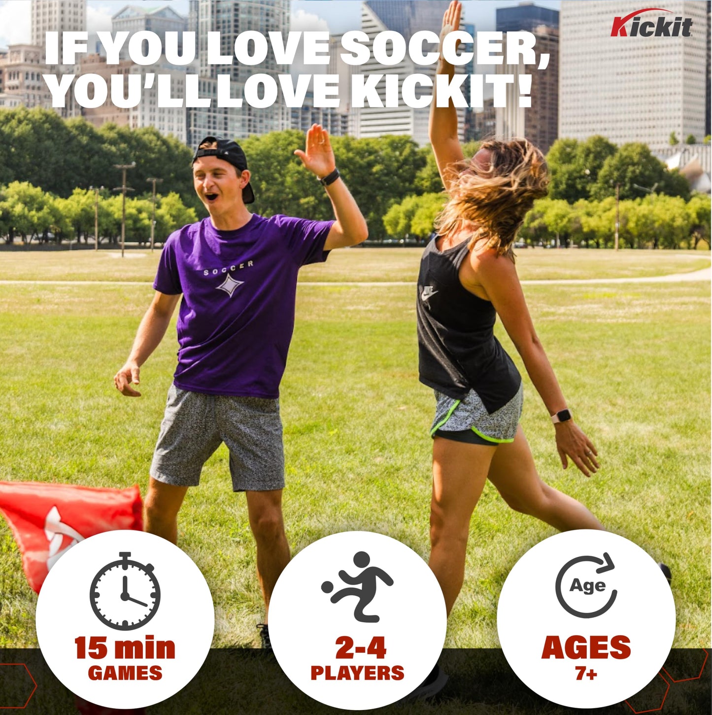 KickIt Soccer Tennis Game Set, Portable 6.5' Wide x 2' High Net with Soft Lightweight Ball, Red, Metal, Complete Skills Training, Outdoors Indoors Backyard Beach, Travel Friendly, Ages 7+