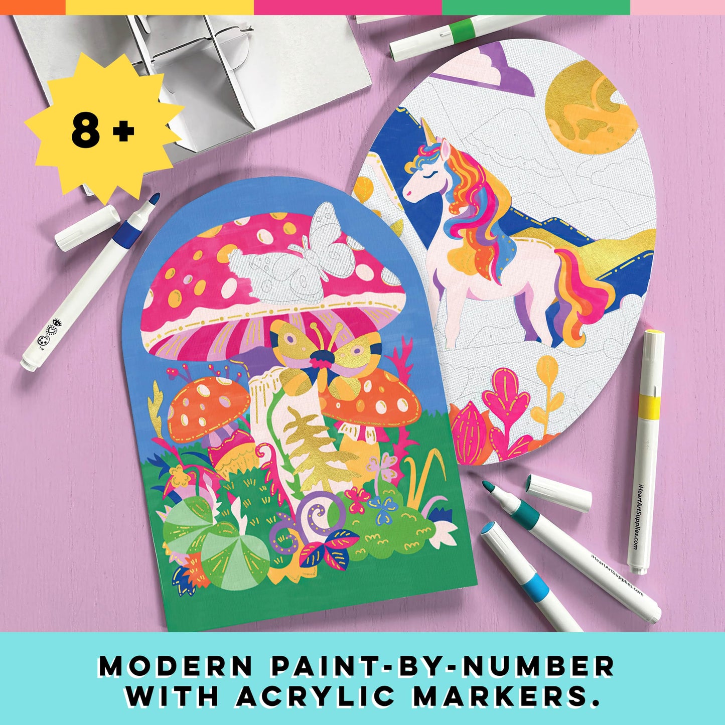 Bright Stripes Marker by Numbers Paint Kit for Kids Ages 8+ | Fierce Dragons Acrylic Paint Marker Set | Includes 3 Shaped Canvas Boards, Gold Marker & Easel Stands