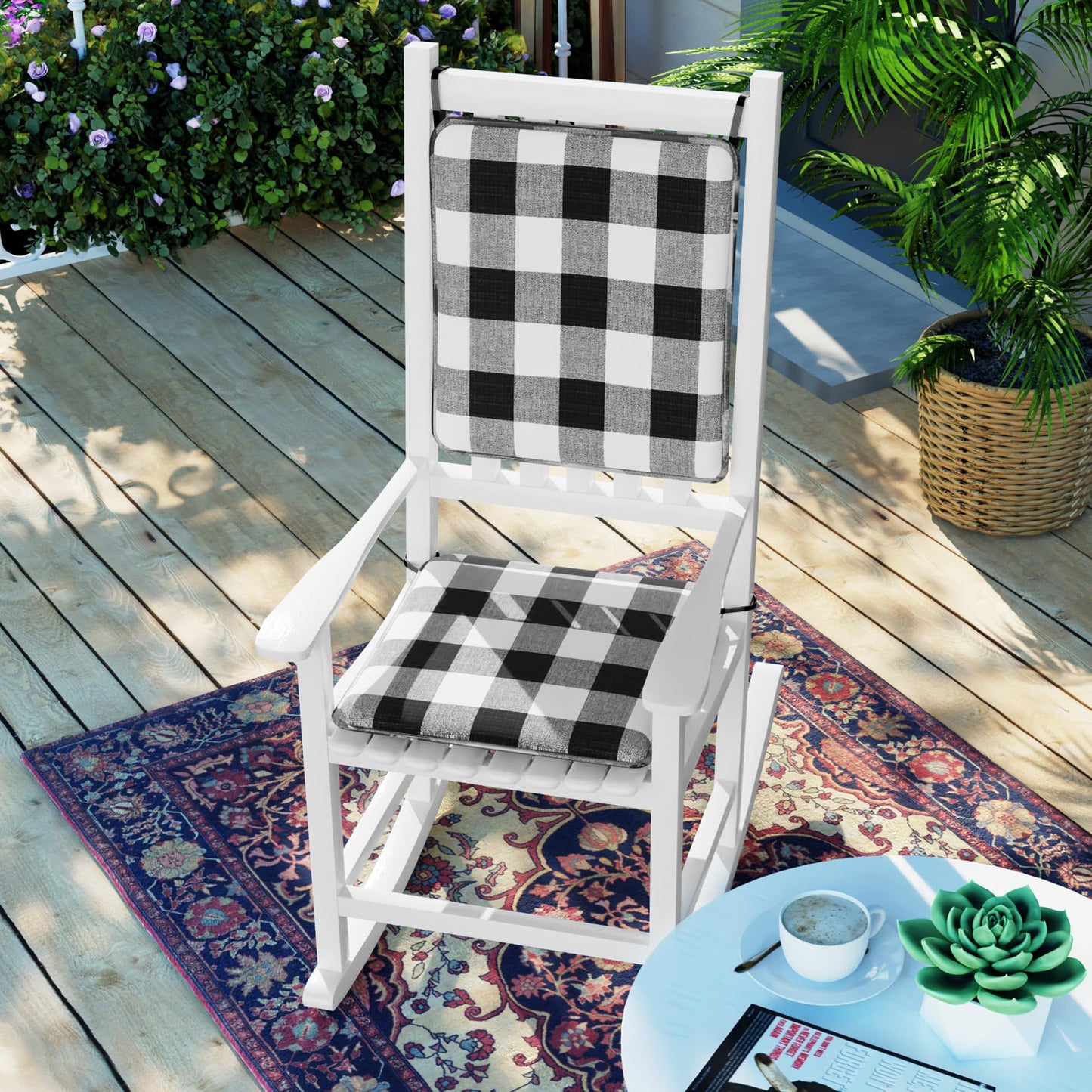Klear Vu Porch Rocking Chair Cushion Set for Indoor and Outdoor Use, Assembled in The USA, Easy to Clean Stylish Seat and Back Pads with Fabric Ties, 20" x 17" x 2", Jurby Black/White