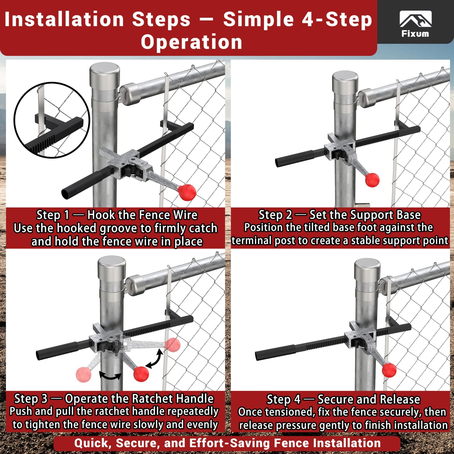 Chain Link Fence Stretcher Tool, Ratcheting Wire Fence Tightener & Puller for Woven Wire Fence, 3″–12″ Tension Range, 5° Tilted Base & Hooked Groove, One-Hand Operation for Farm & Yard