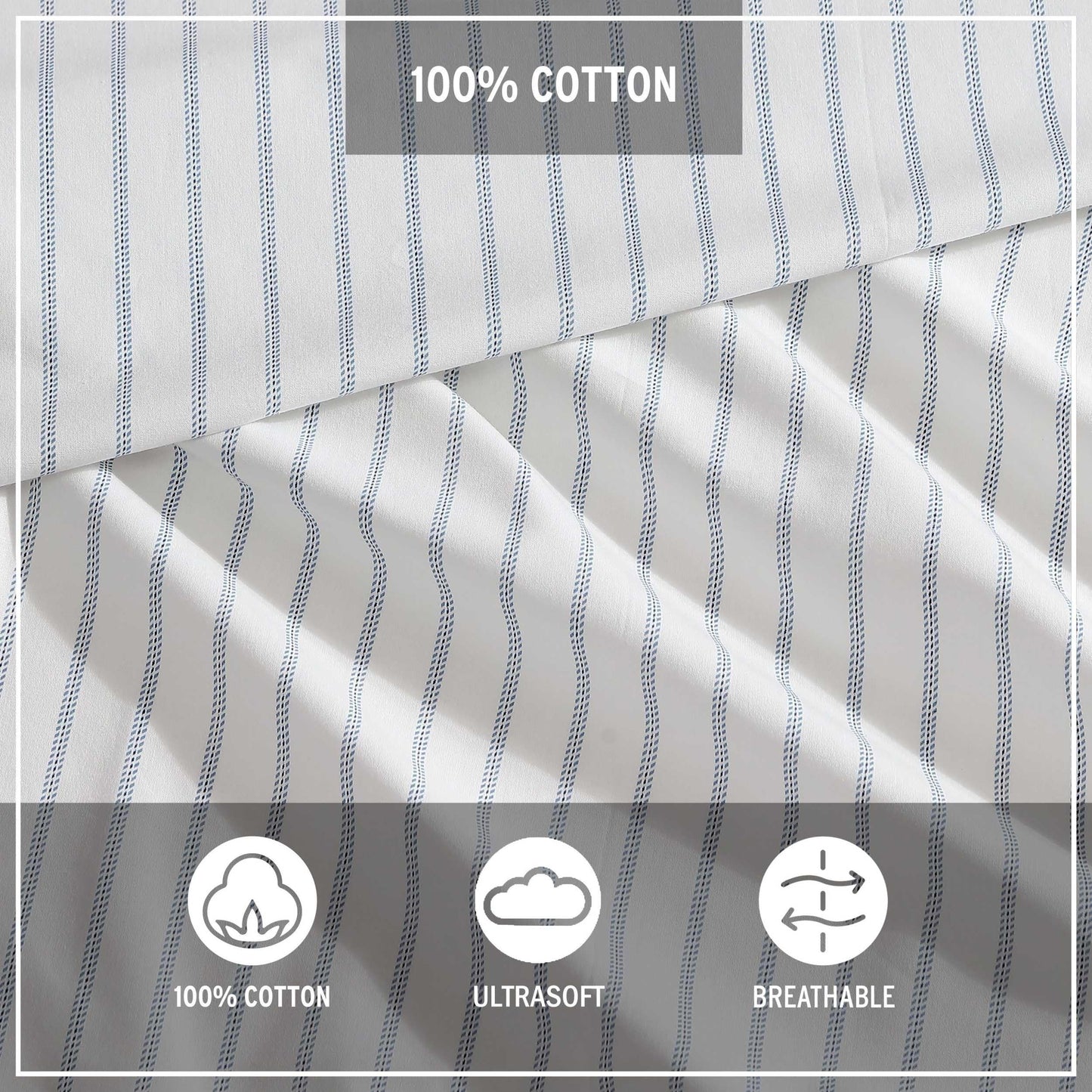 Eddie Bauer - Queen Sheet Set with Fitted Sheet & Pillowcases, 100% Cotton Percale Bedding, Crisp & Cool, Deep Pocket, Essential Stripe White
