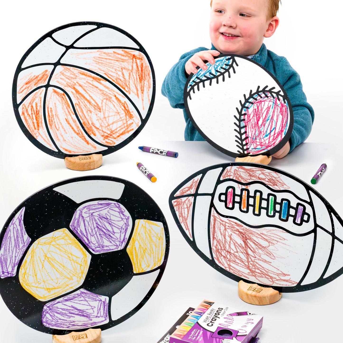 High-Contrast Black & White 3D Sports Set — Builds Baby Vision Books & Cards Can't. Then Toddler Motor Skills for School. Re-Colorable Baseball, Basketball, Football, Soccer Ball + 10 Crayons