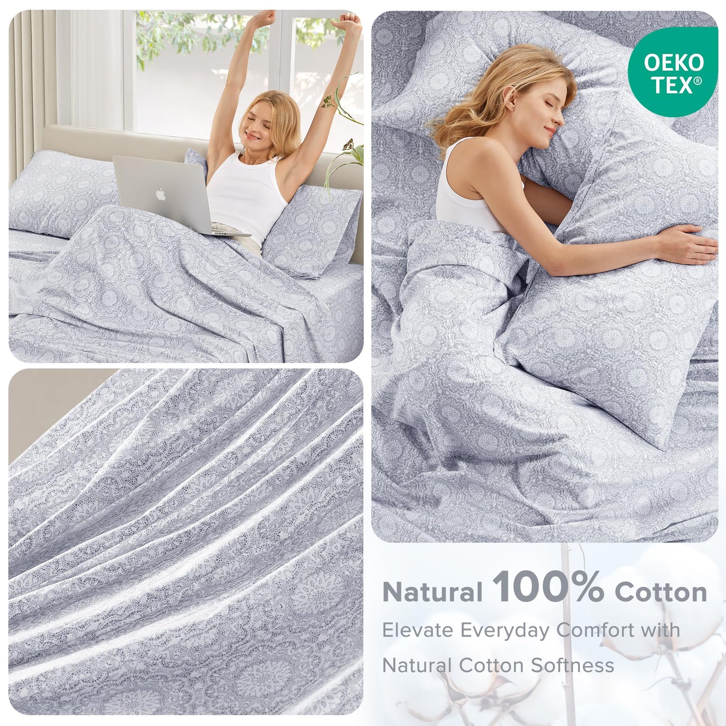 Comfort Spaces 100% Cotton Sheets King, Breathable, Naturally Cool Cotton Sheets, Soft Cotton Bed Sheets with 14" Elastic Pocket Fits up to 16" Mattress, All Seasons Sheet Set, Adelia Gray 4 Piece