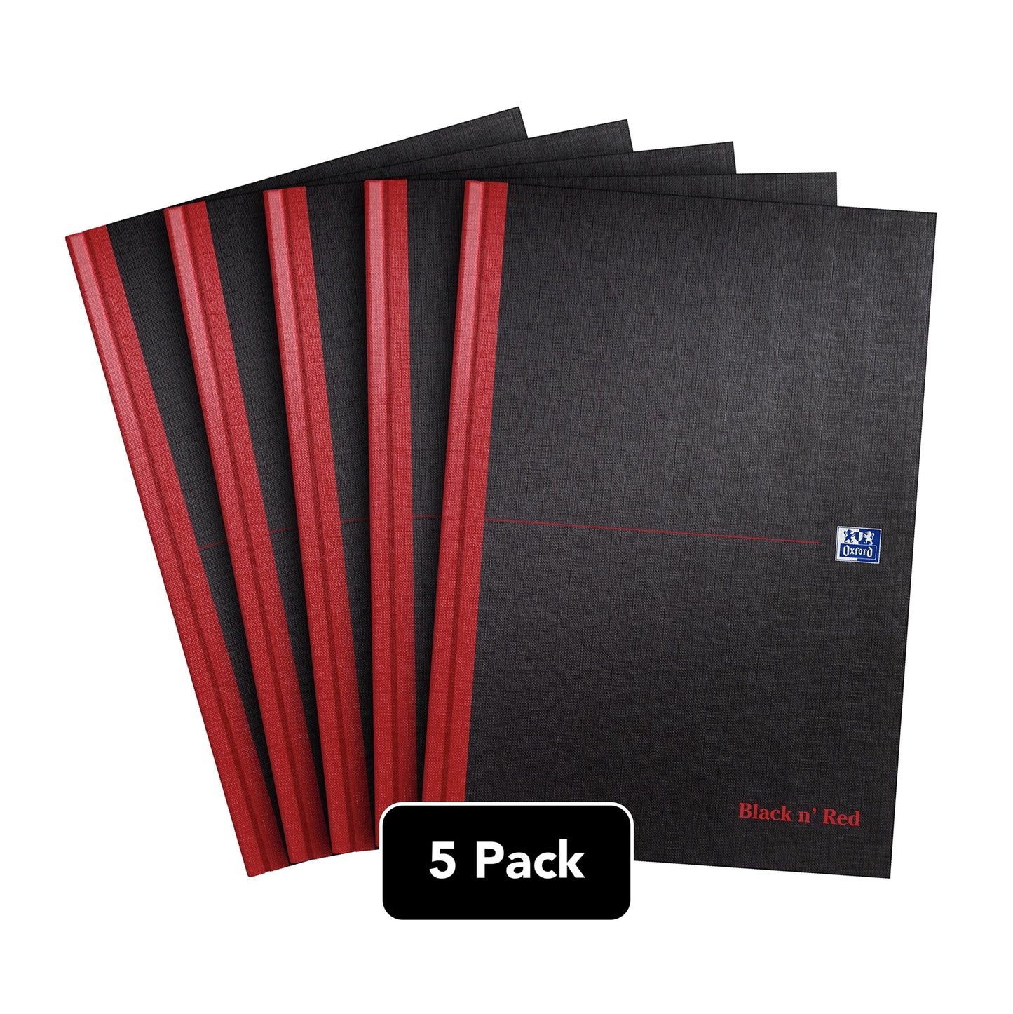 Oxford Black n' Red A4 Notebook, Hardback Casebound, 192 pages, Lined (Pack of 5)