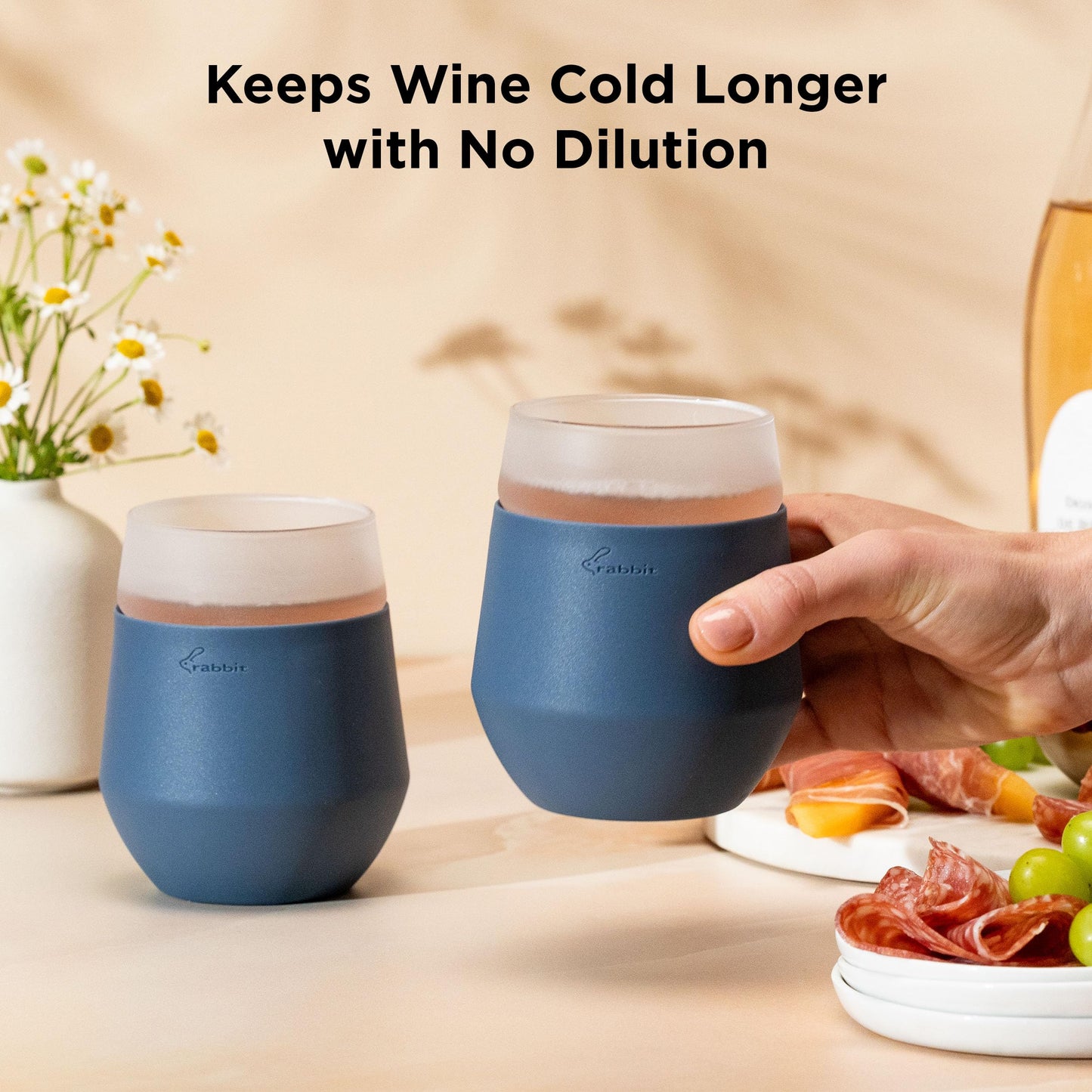 Rabbit Freezable Wine Glass Set of 2 - Insulated Stemless Cooling Glasses with Freezer Gel Packs and Silicone Sleeves, Keeps White Wine & Rosé Cold for Hours, Blue Gift Set