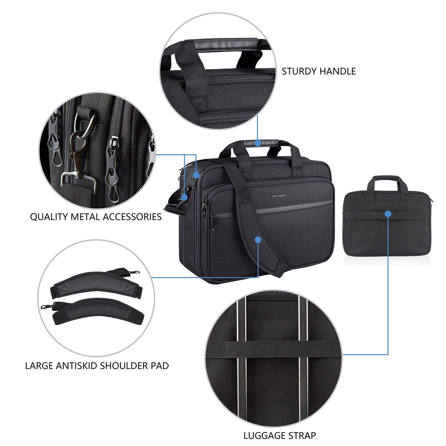 KROSER Laptop Bag Premium Laptop Briefcase Fits Up to 17.3 Inch Laptop Expandable Water-Repellent Shoulder Messenger Bag Computer Bag with RFID Pockets for Travel/Business/Men/Women-Black