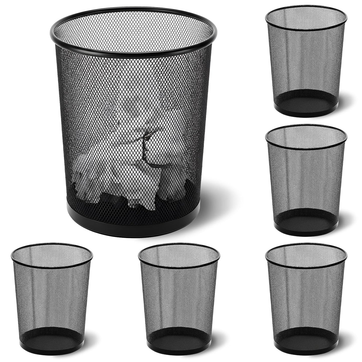 Zeyune 6 Pack Black Office Trash Can Bulk Mesh Trash Can 6 Gallon Metal Wire Mesh Waste Paper Basket Round Small Garbage Bin for Office Bathroom Home Bedroom Kitchen Dorm