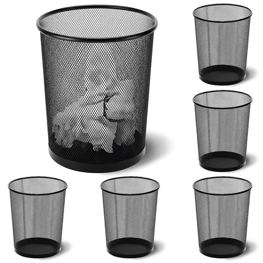 Zeyune 6 Pack Black Office Trash Can Bulk Mesh Trash Can 6 Gallon Metal Wire Mesh Waste Paper Basket Round Small Garbage Bin for Office Bathroom Home Bedroom Kitchen Dorm