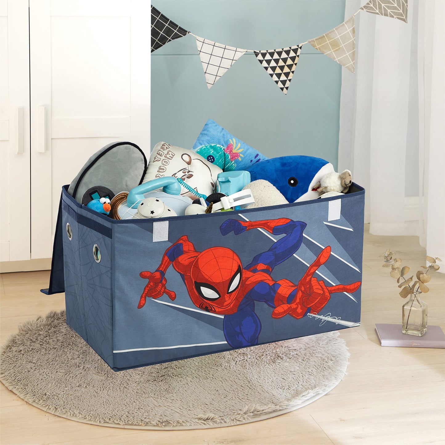 Marvel Spiderman Toy Storage Trunk for Kids,Collapsible Organizer with Soft Lid, Durable Fabric, 28.5x14.5x16, Blue Chest for Bedroom & Playroom