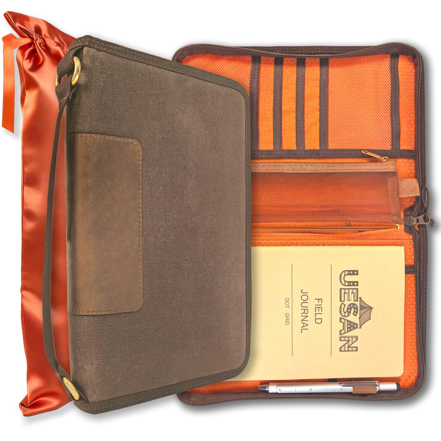A5 Zippered Field Journal Cover with Detachable Strap, Waxed Canvas ＆ Leather Accent Notebook Organizer Case with Pen Holder, Includes 5.8″ x 8.3″ Refill, Fits Up to 4 Notebooks for Travel, EDC, Brown