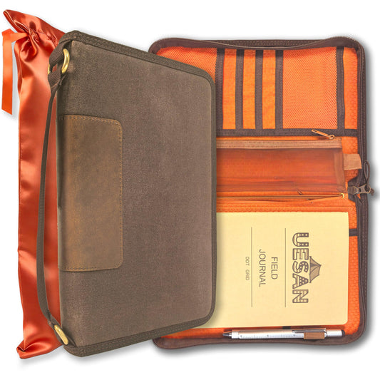 A5 Zippered Field Journal Cover with Detachable Strap, Waxed Canvas ＆ Leather Accent Notebook Organizer Case with Pen Holder, Includes 5.8″ x 8.3″ Refill, Fits Up to 4 Notebooks for Travel, EDC, Brown