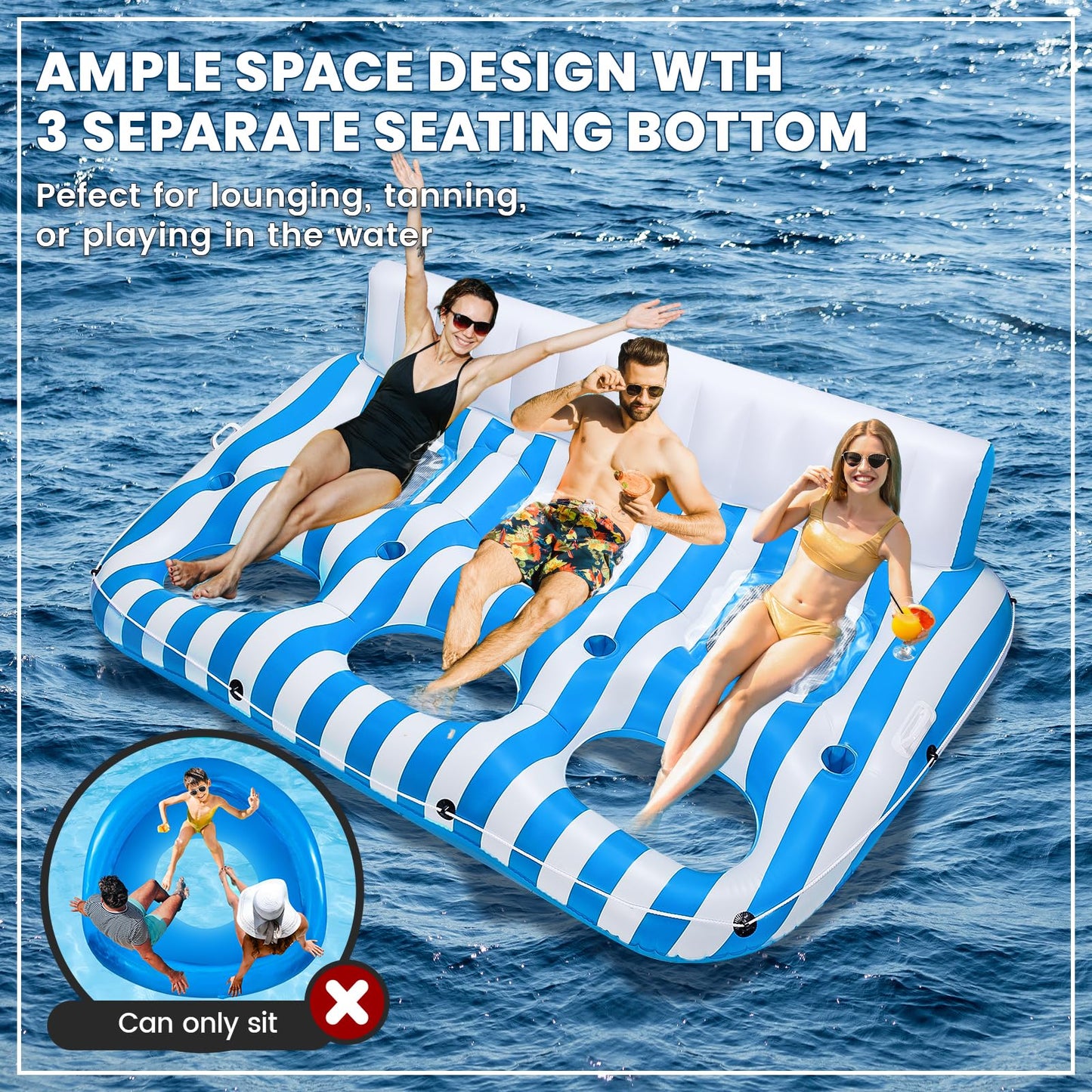 SULDUO 3 Person Inflatable Pool Lounger Float for Adults, Giant Pool Floats Chair Lounge with 3 Backrests and Cup Phone Holder, Water Tanning Pool Raft Party Toys for Outdoor, Beach, Lake, River, Sea
