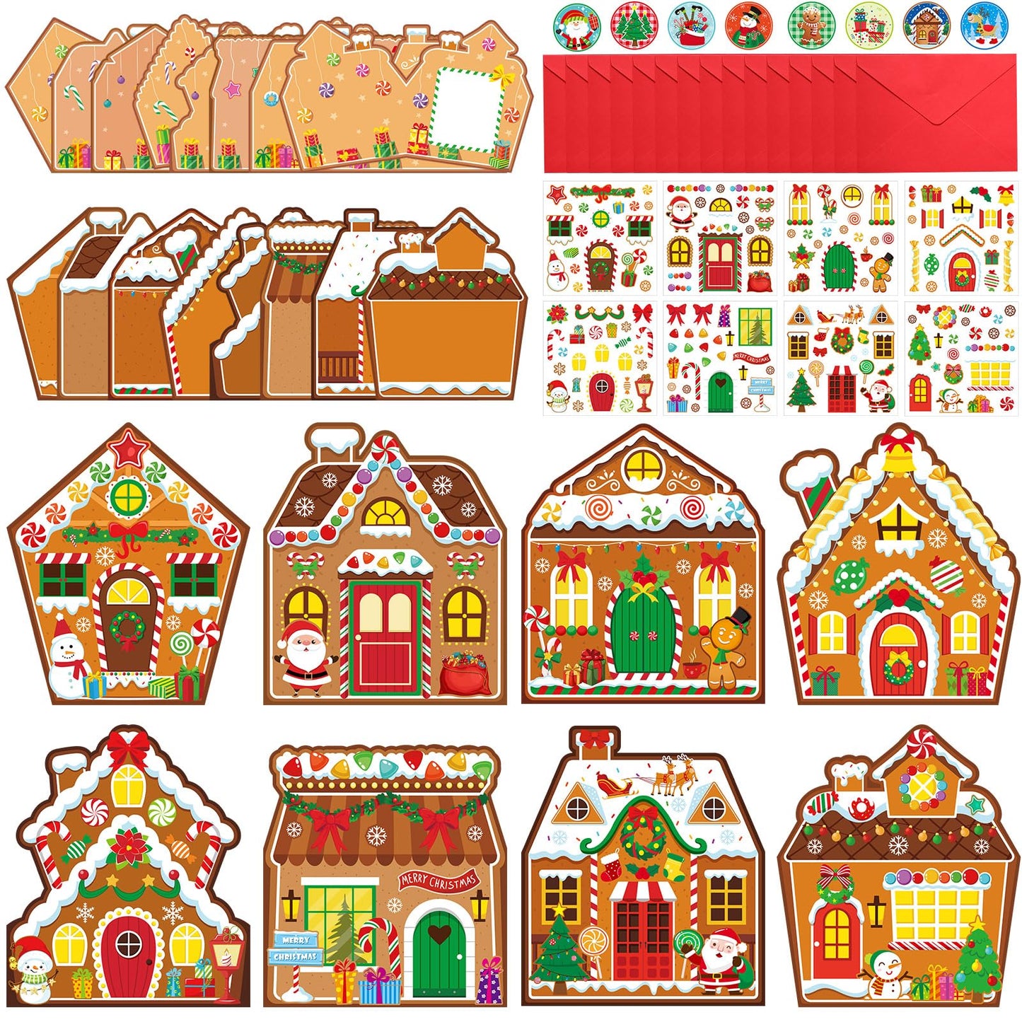 Moinchore 32 Pack Christmas Cards Gingerbread House Crafts DIY Cards with Envelopes Christmas Gingerbread Crafts Kit Christmas Greeting Cards Xmas Stickers Cards DIY for Kids Christmas Party Supplies
