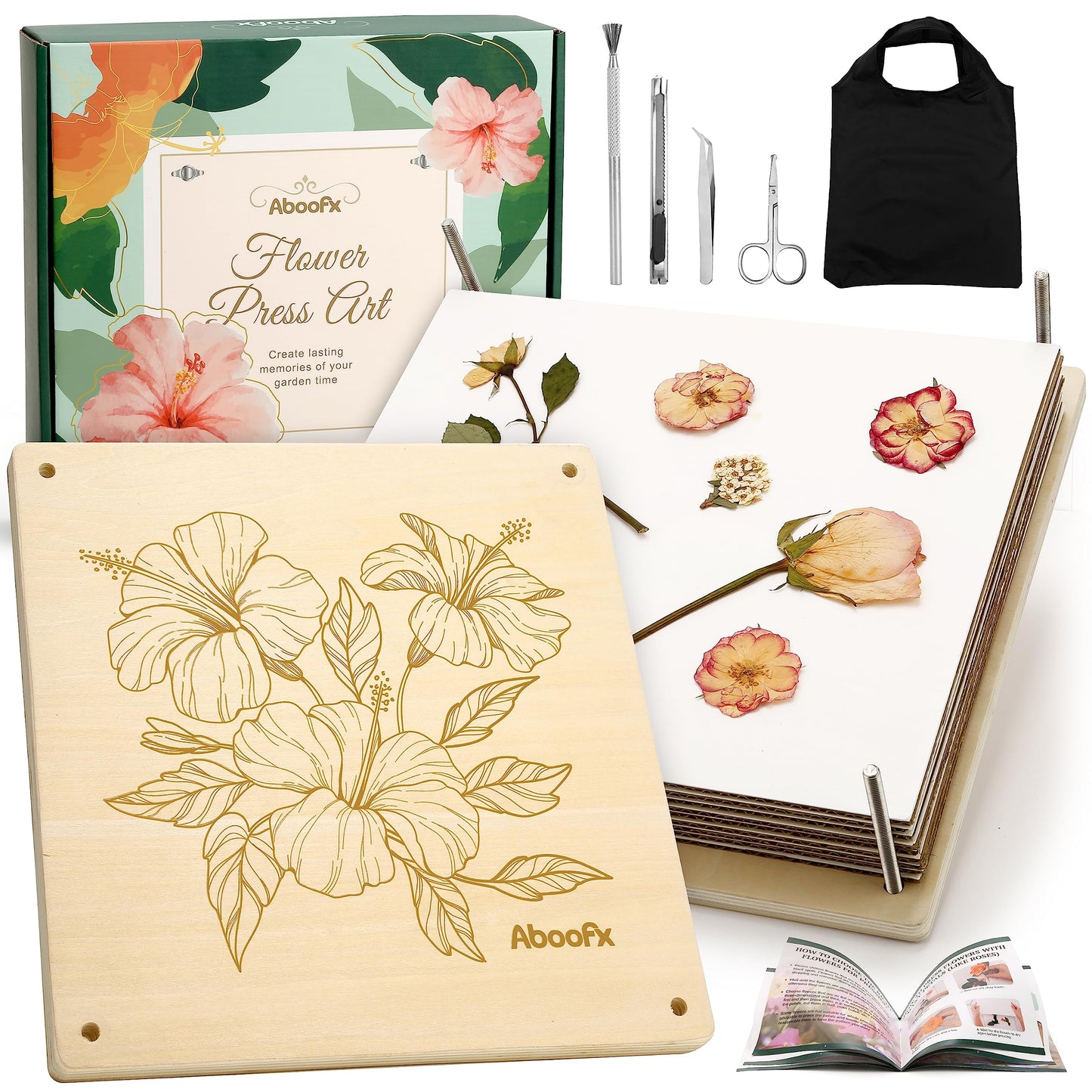 Aboofx Flower Press Kit, Craft Kits 11x11 10 Layers Wooden Flower Pressing Kit for Crafts, Pressed Flowers and Plant Press for St