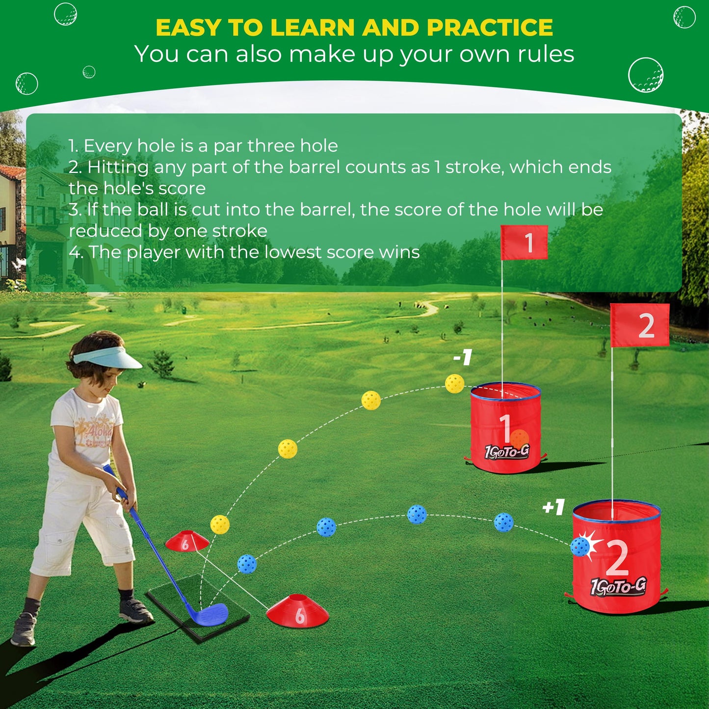1GoTo-G Golf Bucket Game, Backyard Golf Game for Kids and Adults - Portable 9 Holes Golf Course Play Outdoor, Lawn, Park, Beach, Yard, Camping with Club.