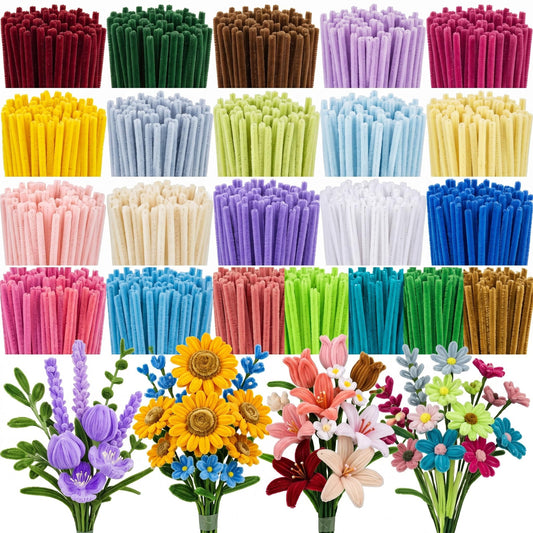 1000 Pcs Professional Chenille Stems Kit - 20-Color Gradient Set (50 Pcs/Color), High-Density Thick Velvet Pipe Cleaners for Lifelike DIY Flowers, Bulk for Florist Crafting & Home Decor