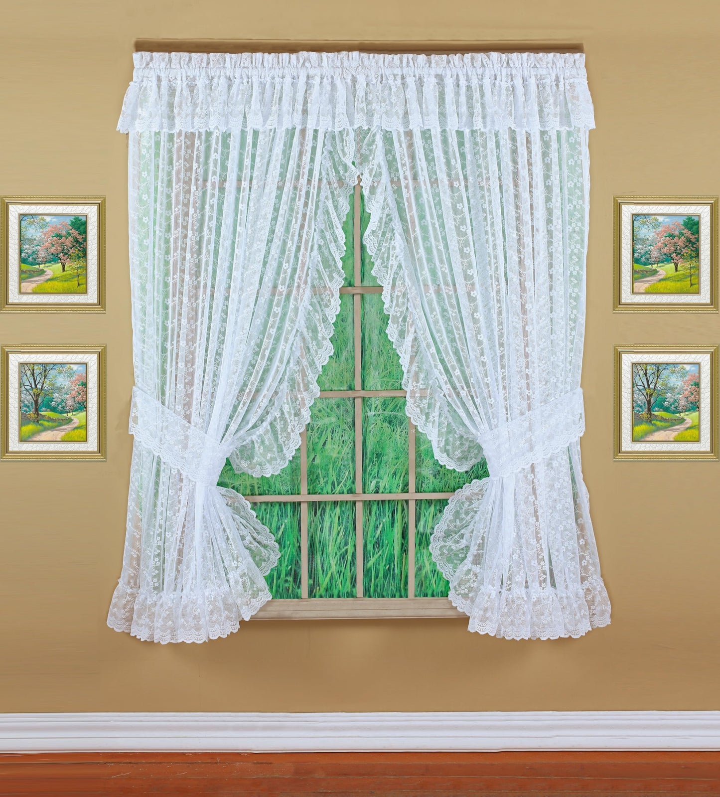 Today's Curtain, Priscilla Lace Bridal Ruffled Pair 63", White, 5-Piece-Set, 130" W x 63" L