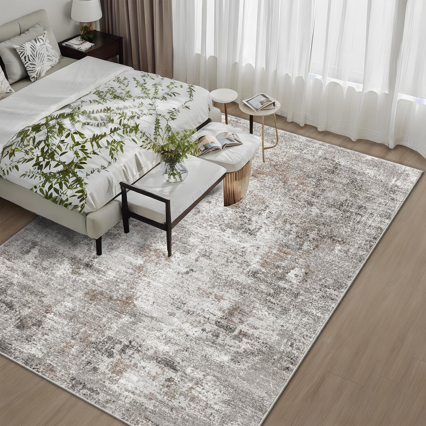 5x7 Non-Slip Machine Washable Area Rug - Modern Abstract Neutral Carpet for Living Room, Bedroom, Kitchen, Dining Room, Office - Soft Low Pile Stain-Resistant Rug with Rubber Backing (Beige, Grey)