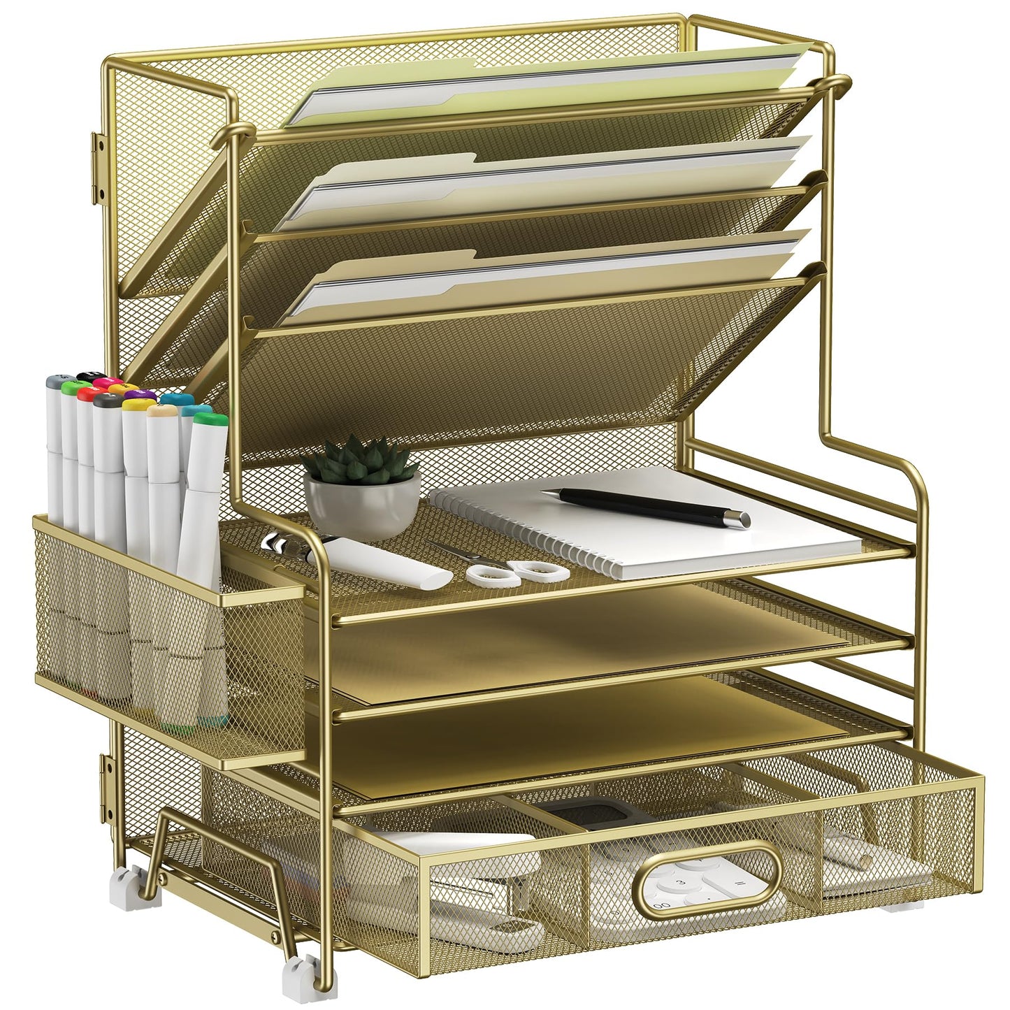 MINDEPOT 4-Tier Paper Organizer + 3-Pocket File Holder + Drawer + Pen Holders, Desktop File Organizers Paper Tray for Office Supplies School Classroom Organization (Gold, with Drawer & Pen Holder)