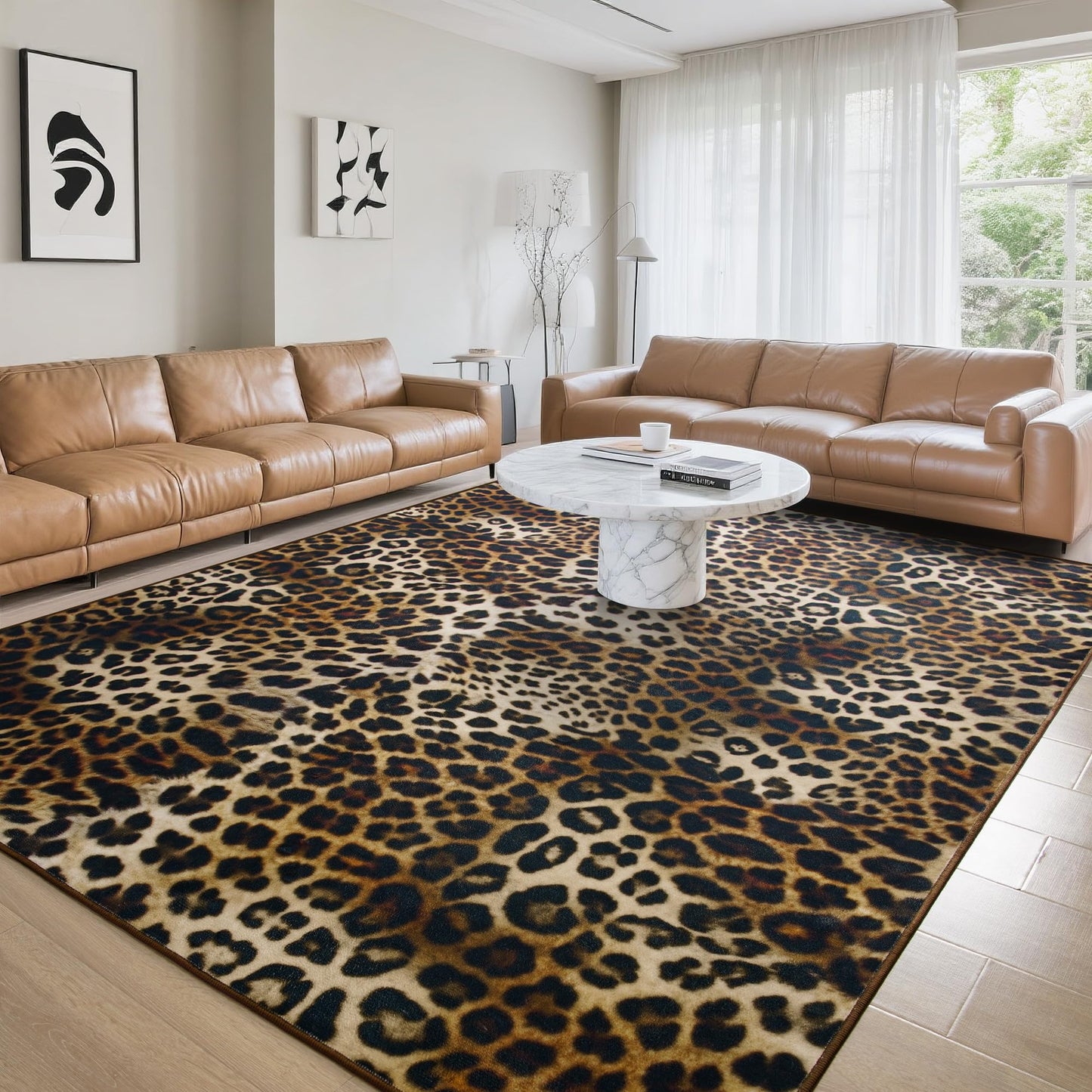 Foxmas Leopard Area Rugs for Living Room, 5x7 Feet Machine Washable Cheetah Print Rug, Non-Slip Indoor Floor Animal Rug, Carpet for Bedroom Dining Room Laundry Room Kitchen Home Office, Dark Brown