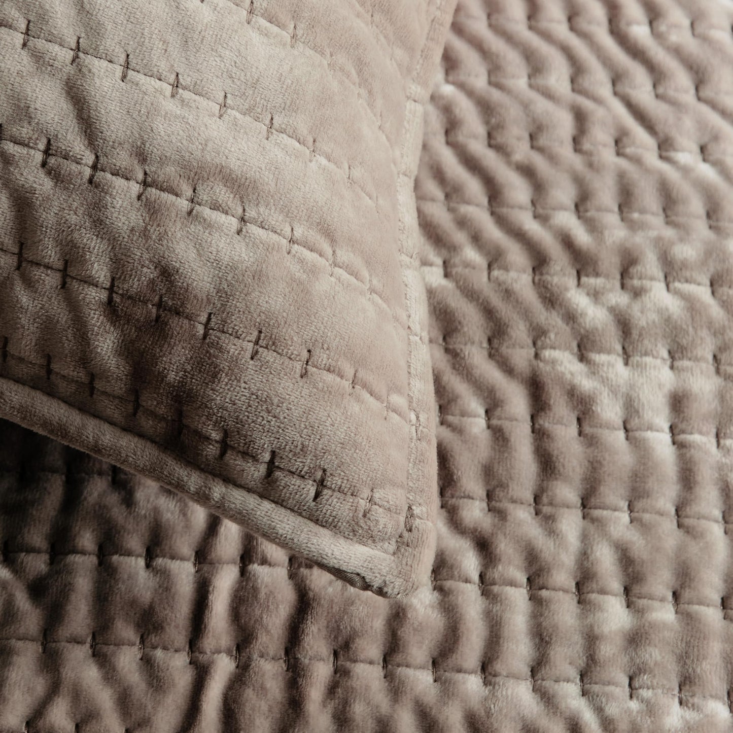 WDCOZY Velvet Queen Size Quilt Set - Brown Taupe Tan Camel Striped Pick Stitch Soft Lightweight Bedspread, Channel Farmhouse Country Rustic Coverlet, Modern Bedding Warm Thin Comforter, 3 Pieces