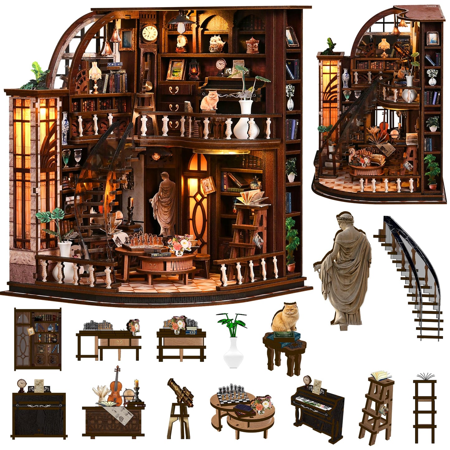 SUNNINO Library Book Nook Kits for Adults, DIY Miniature Dollhouse Bacchus Book Nook Kit, 3D Wooden Puzzle Bookshelf Decor Craft Kits Gift with Led Light for Friend Family