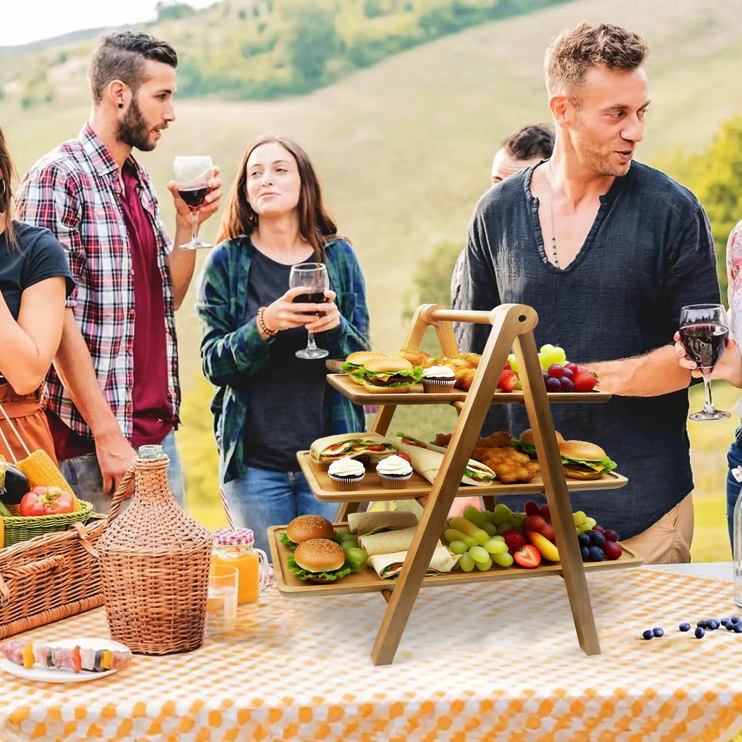 WARMKEY Acacia Wood 3 Tier Foldable Serving Tray – Rectangular Farmhouse Stand for Charcuterie Board, Cupcake, Dessert, Party Wedding Decor, Small Flower Pot Display, Easy Storage