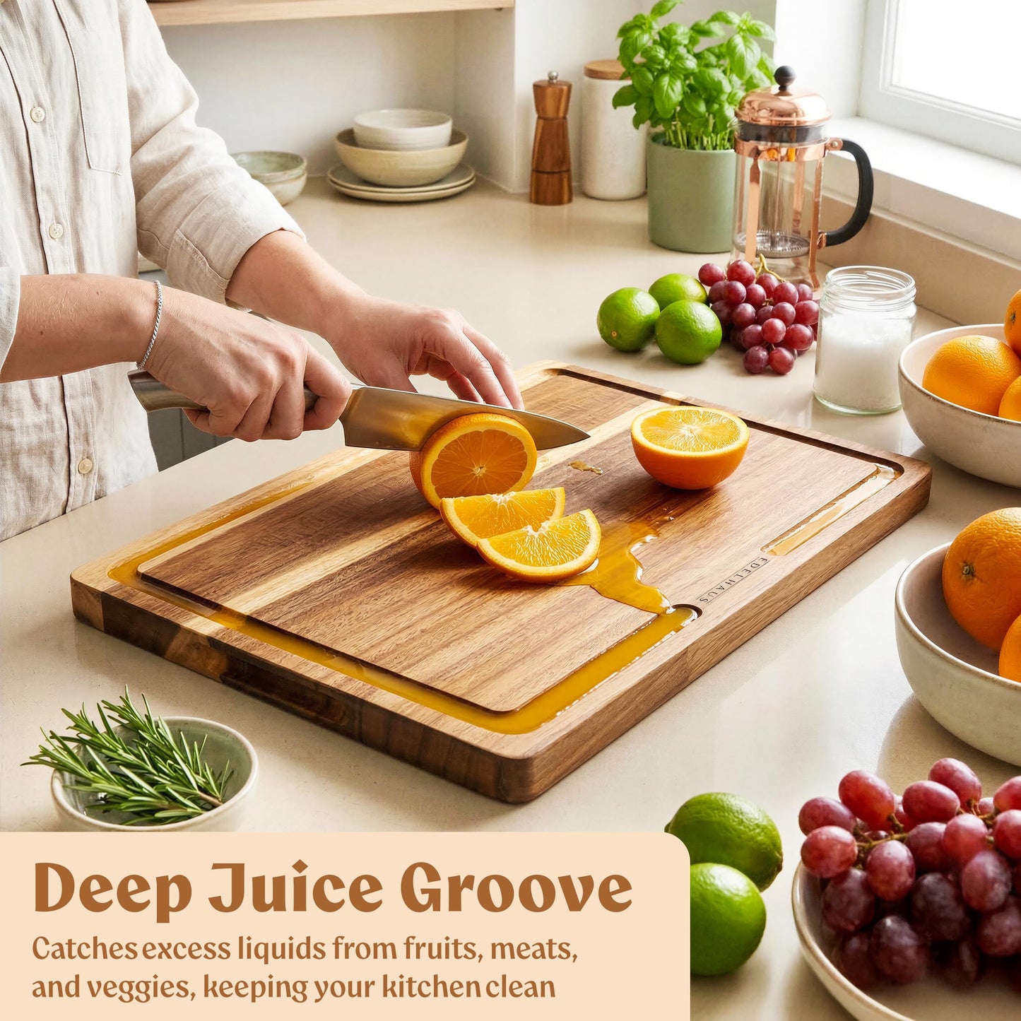Acacia Wood Cutting Boards for Kitchen, Non-Toxic Chopping Board Set of 3 with Deep Juice Groove for Meat, Cheese & Vegetables - Durable & Double sided with serving Compartments & Holder, Stand