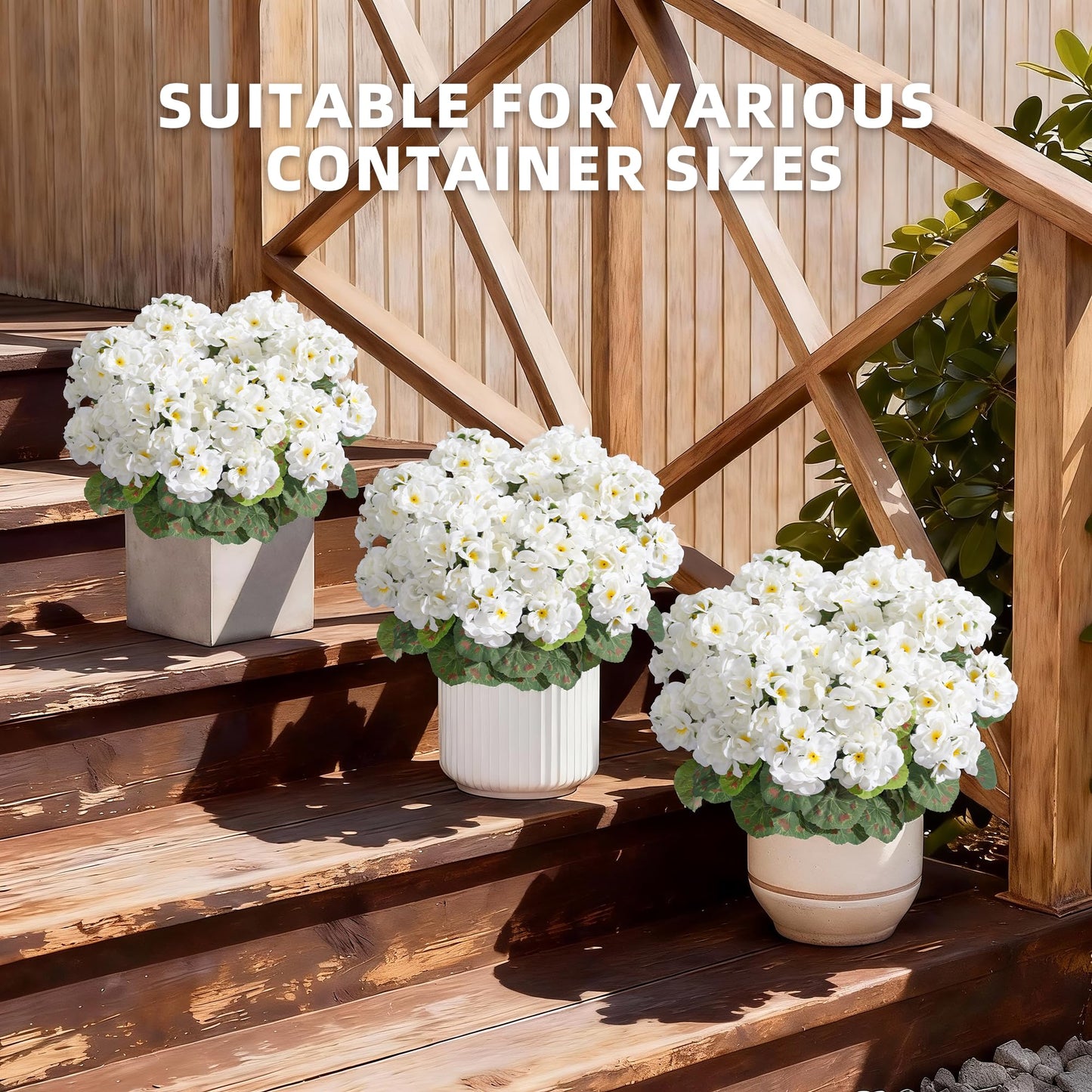 Geraniums Artificial Flowers for Outdoors, 2 Pack Potted Plants White Faux Geraniums Bush Artificial Topiaries Realistic UV Resistant Fake Flowers Plants for Planters Outside Gardens Front Door Indoor