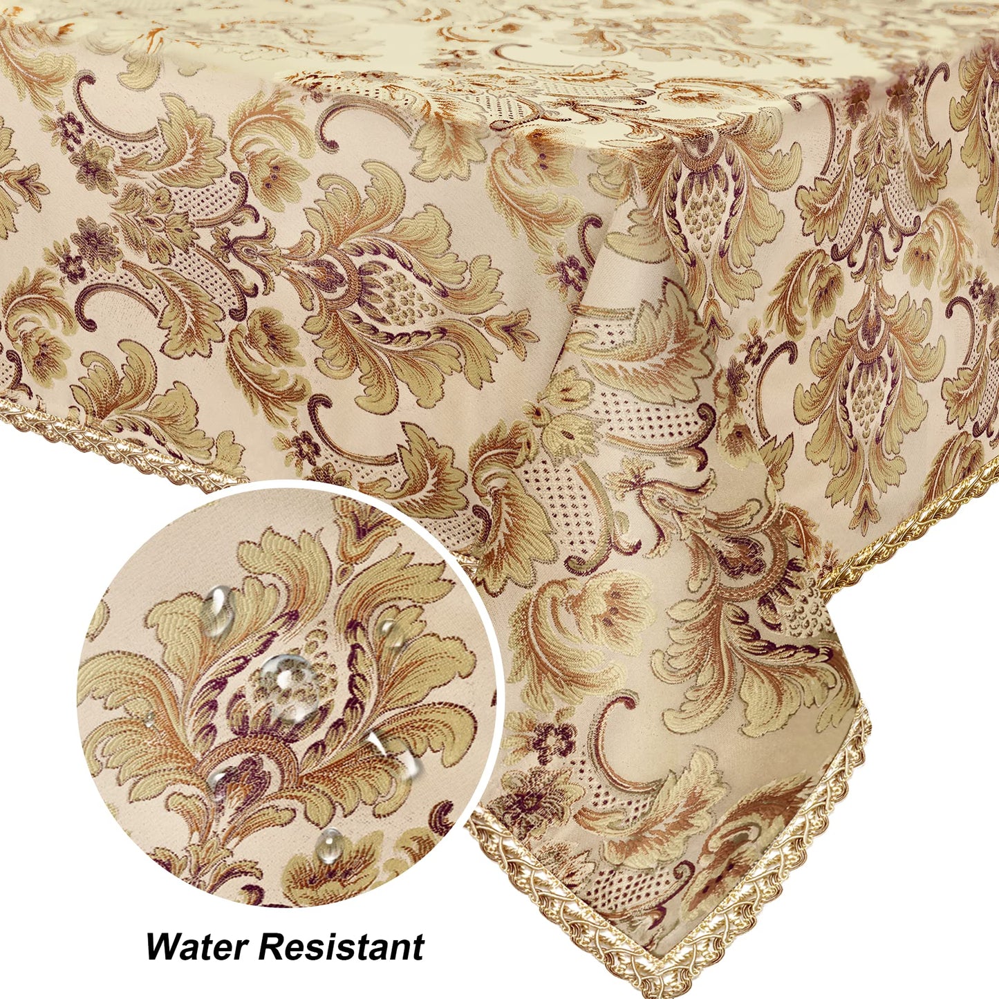 Loom and Mill Luxury Rectangle Tablecloth 60 x 120 Inches, Elegant Damask Golden Floral Waterproof Table Cover with Handmade Tassels for Dining Table Banquets Decorations(Beige, 60"x120")