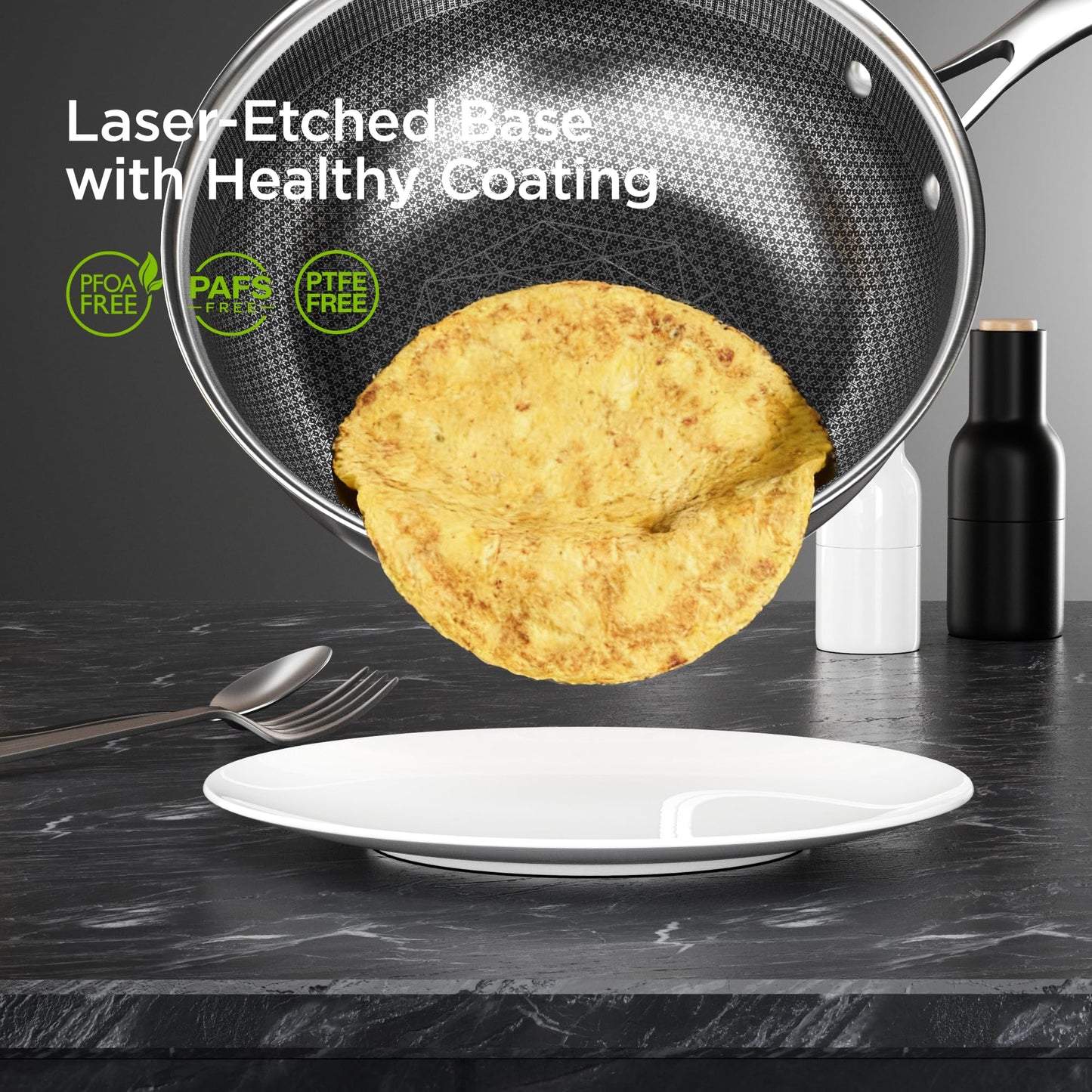 COOKER KING 12-Inch Hybrid Stainless Steel Wok with Lid, Nonstick Stir Fry Pan & Deep Frying Pan, Tri-Ply Clad Honeycomb Everyday Pan, Induction Ready, Oven & Dishwasher Safe, PFOA Free