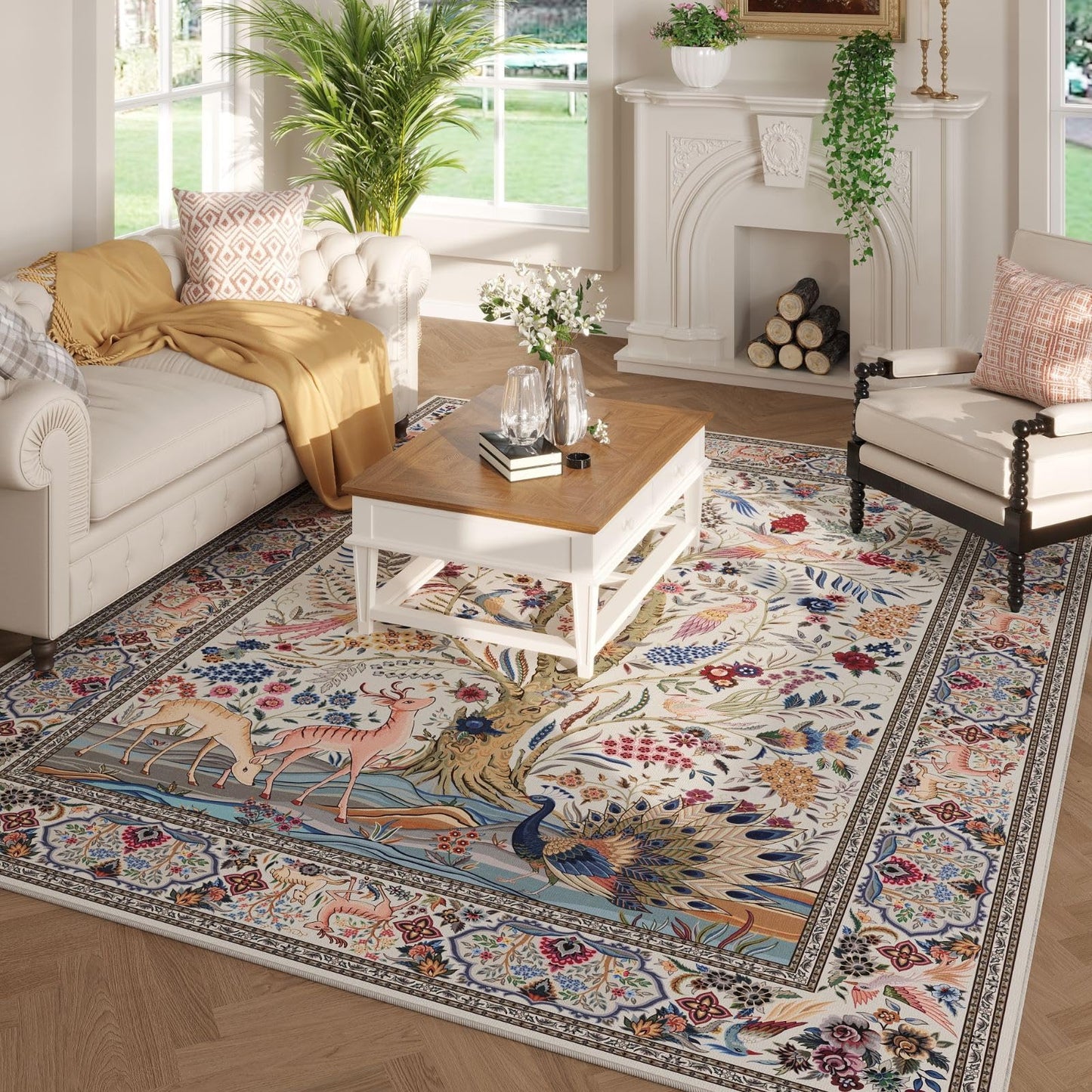 Rugcomf Area Rugs 5x7 Vibrant Tree of Life-Patterned Vintage Washable Area Rug Non Slip Low Pile Large Rugs for Living Room Bedroom Farmhouse Dining Room Kids Playroom, Beige