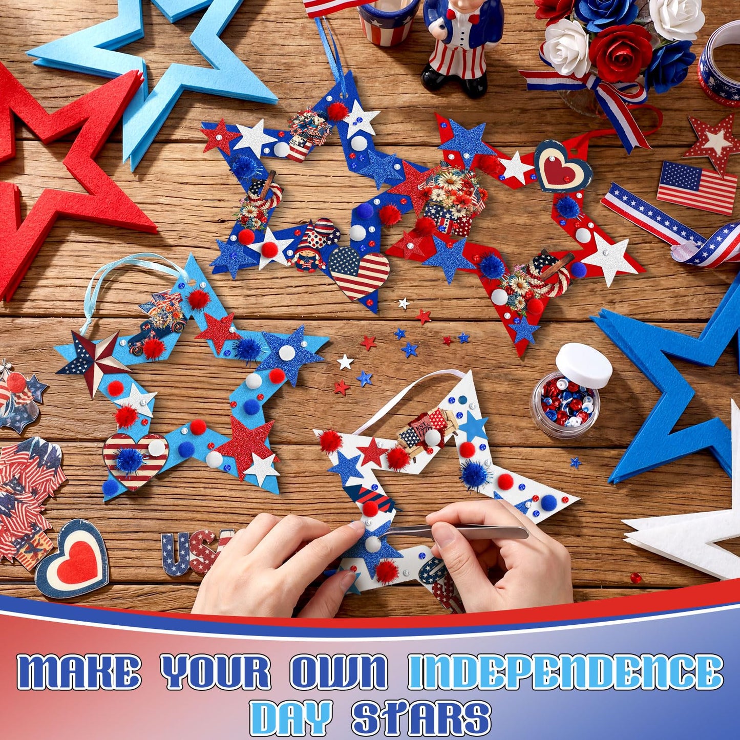 SmoothNovelty 437 Pcs 4th of July Wreath Craft Kit Patriotic DIY Craft Kit Memorial Day Wreath Hanging Ornament with Star Felt Sticker for Red White and Blue 250th Anniversary Party Activities Decor