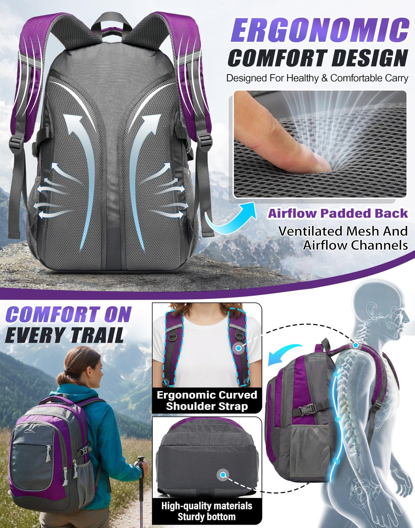 ProEtrade Extra Large Backpack Bookbag for College Travel Laptop Business Hiking Backpack Fit Laptop Up to 17 Inch Sturdy Multi Compartment Gifts for Men Women Night Light Reflective (Light Purple A)