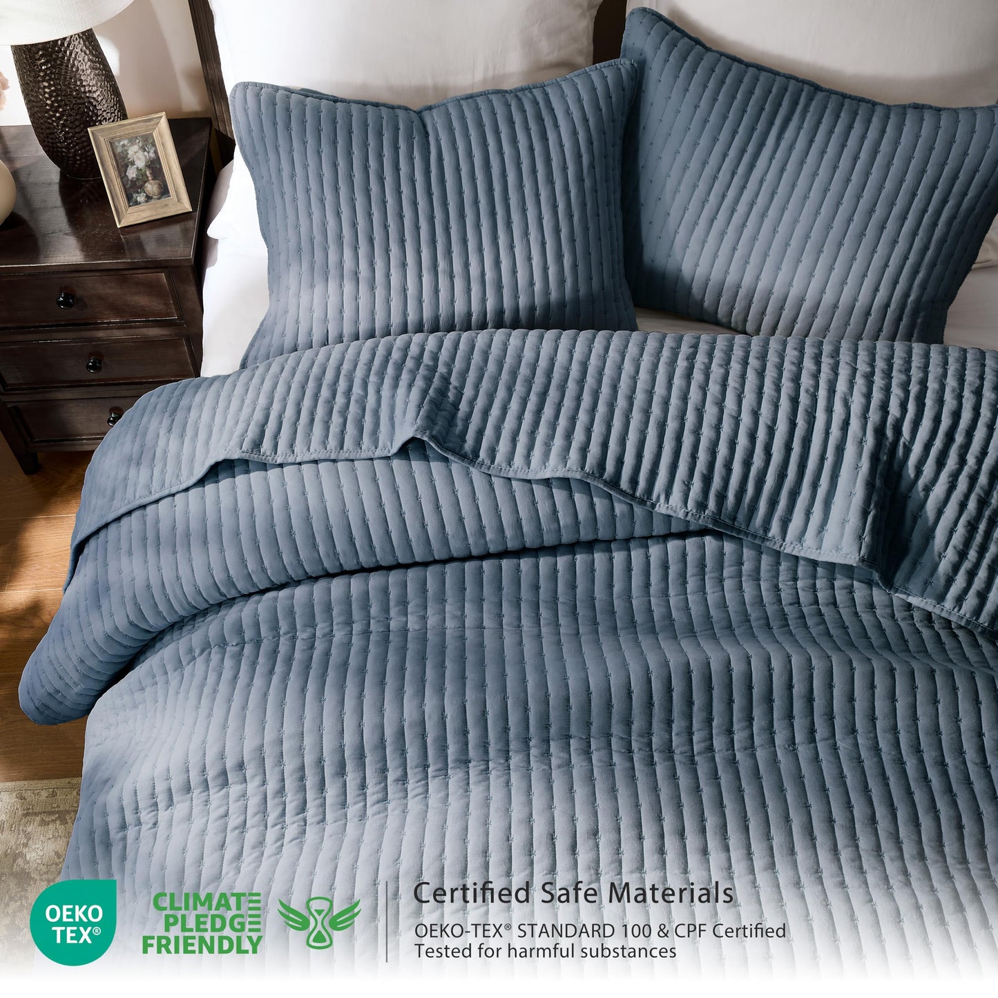 WDCOZY Blue Cross Stitch King Size Quilt Set, Striped Lightweight Soft Bedspread, Channel Farmhouse Rustic Coverlet, All Season Country Bedding, Thin Comforter