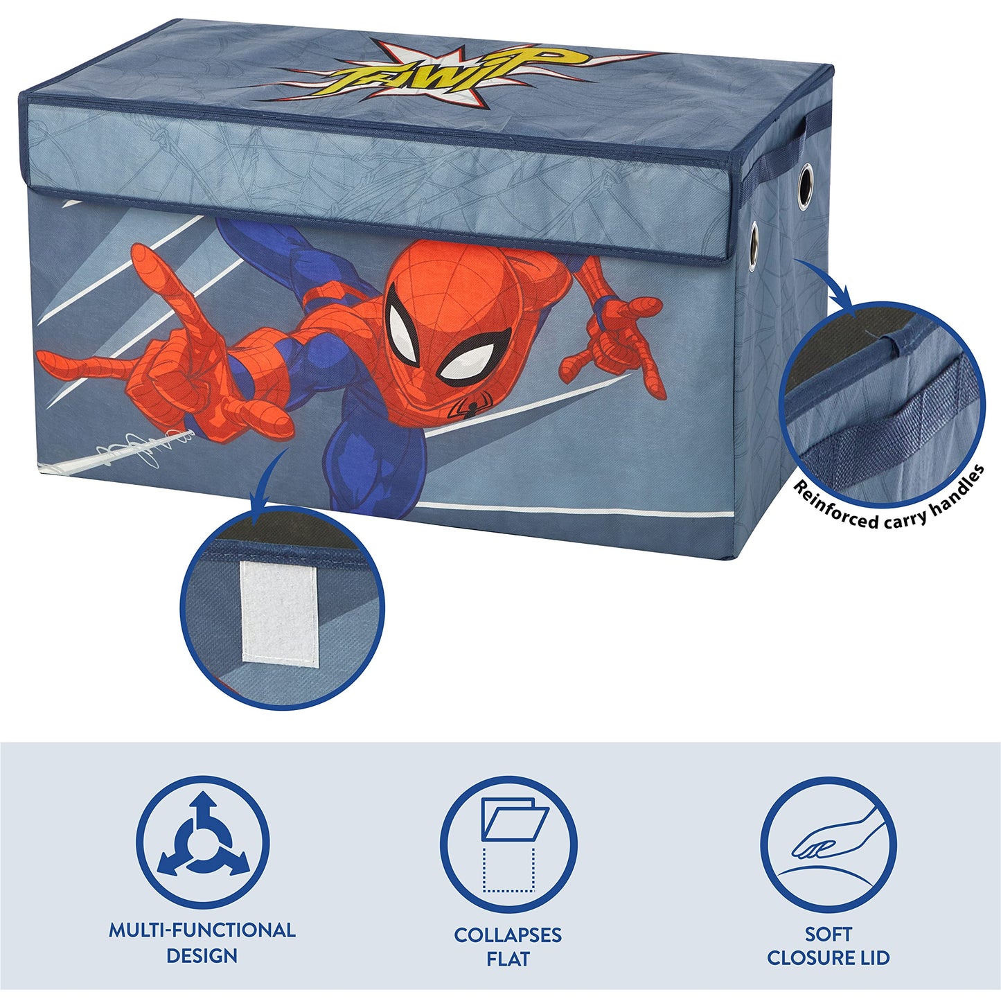 Marvel Spiderman Toy Storage Trunk for Kids,Collapsible Organizer with Soft Lid, Durable Fabric, 28.5x14.5x16, Blue Chest for Bedroom & Playroom