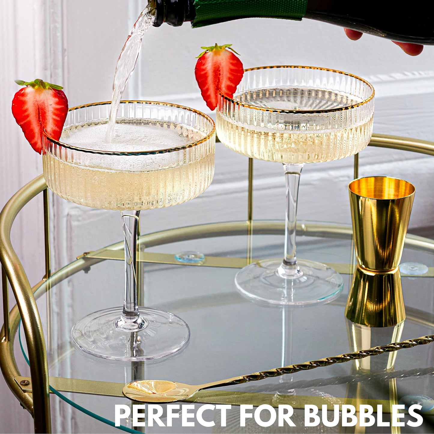 VEMACITY Ribbed Espresso Martini Glasses set of 4 with Gold Rims & Bar Tools | Beautiful Ribbed Coupe Glasses Set of 4 (10oz) | Versatile Champagne, Cosmopolitan, Margarita, Coupe Martini Glassware