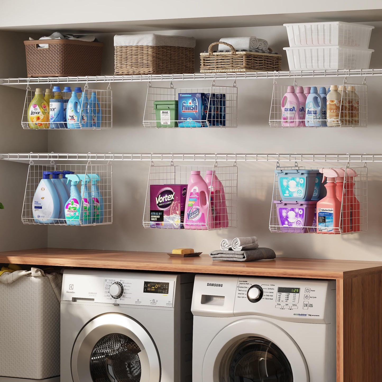 4-Tier Hanging Laundry Room Organizer: Foldable Wire Shelf Basket with 2 Large Hooks 1.65" & 360°Rotating Hooks – Space-Saving Laundry Storage Basket, for Wardrobe Closet Storage, White Patent