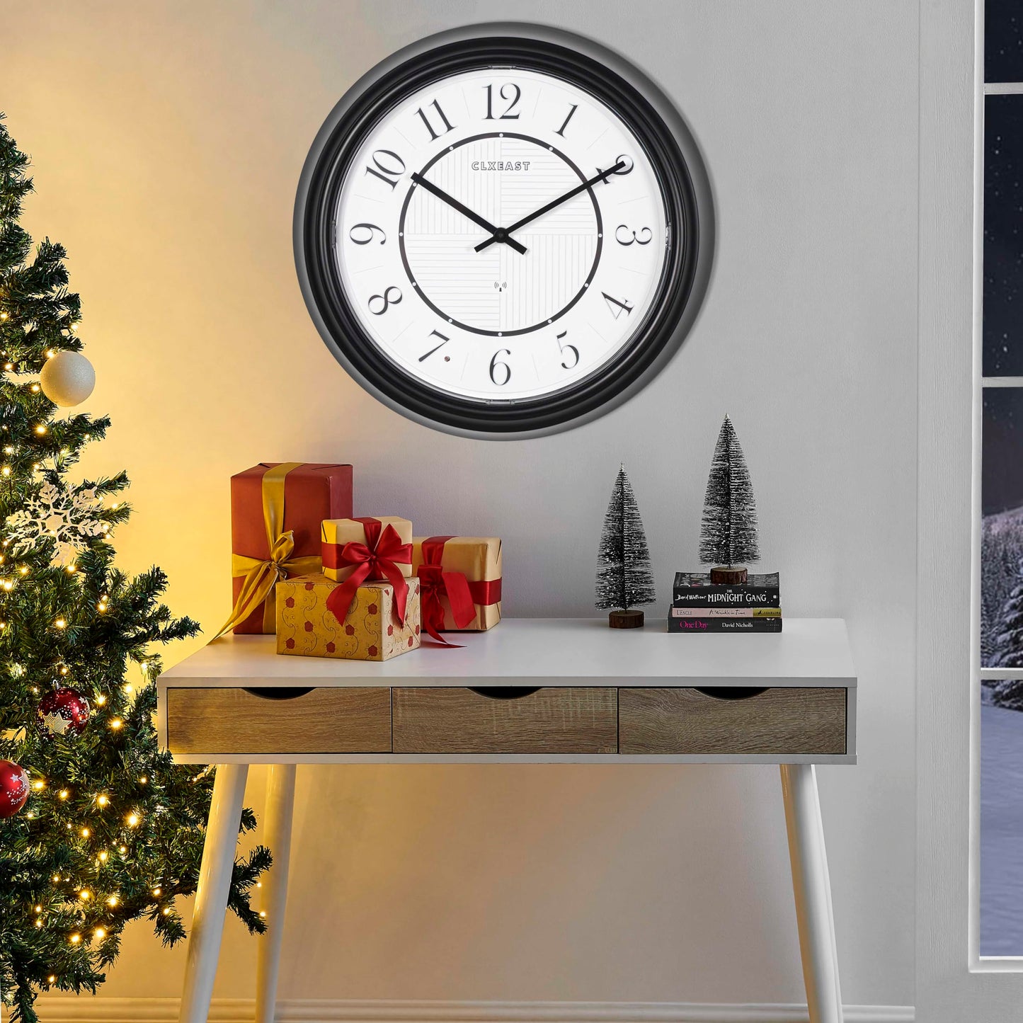 CLXEAST 14 Inch LED Illuminated Indoor Outdoor Atomic Analog Wall Clock Battery Operated, Glow in The Dark Wall Clock for Living Room, Home Office,Bathroom,Kitchen,Oil Rubbed Bronze Black Finish