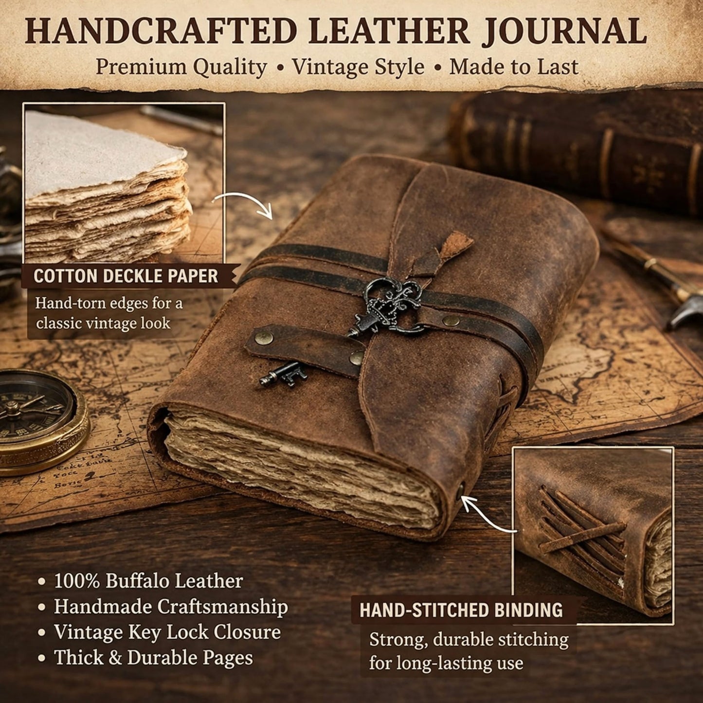 Vintage Leather Journal - Antique Handmade Leather Bound journal with deckle edge paper for Men And Women Diary - Leather Sketchbook - Drawing Journal Notebook - Great Gift (11.7X8.3)