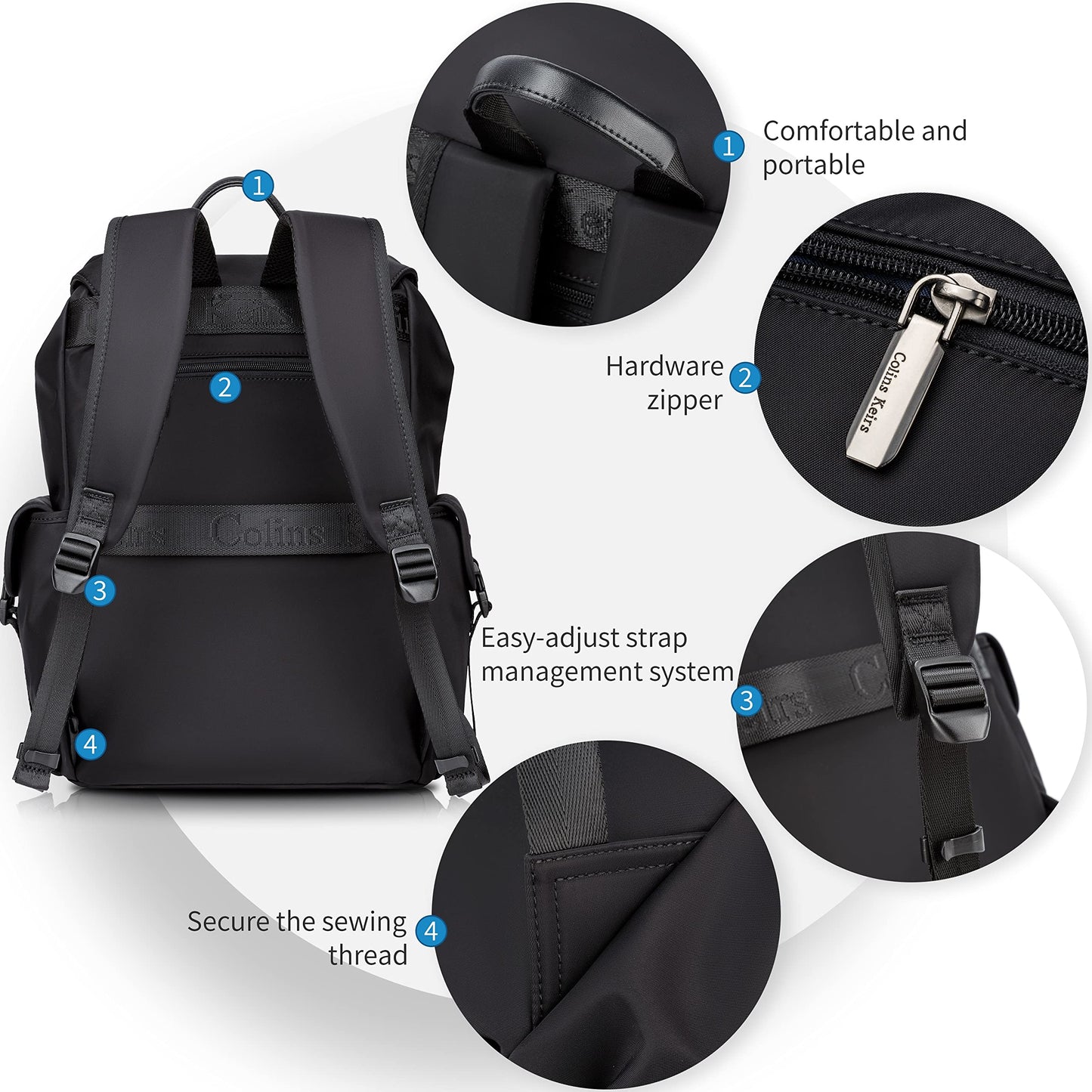 Colins Keirs Black backpack men, 16 inch laptop backpack for men, Drawstring anti-theft waterproof tech backpack with laptop compartment, Large 30 L