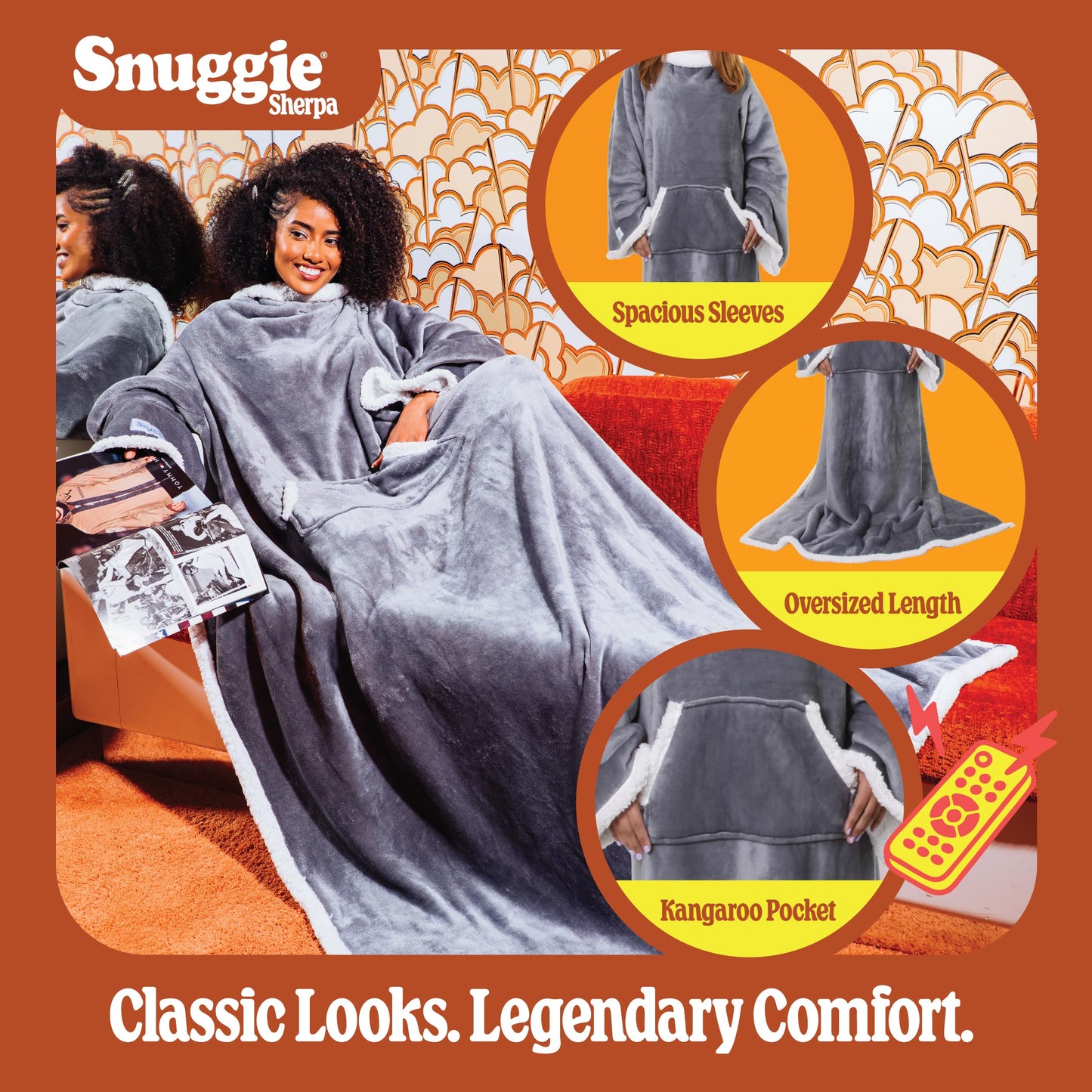 Snuggie The Original Wearable Blanket With Sleeves & Pockets | Sherpa, Oversized Throw for Adult Men & Women, Machine Washable, Great Gift for Holidays, As Seen on TV | One Size, Charcoal, 71 x 54