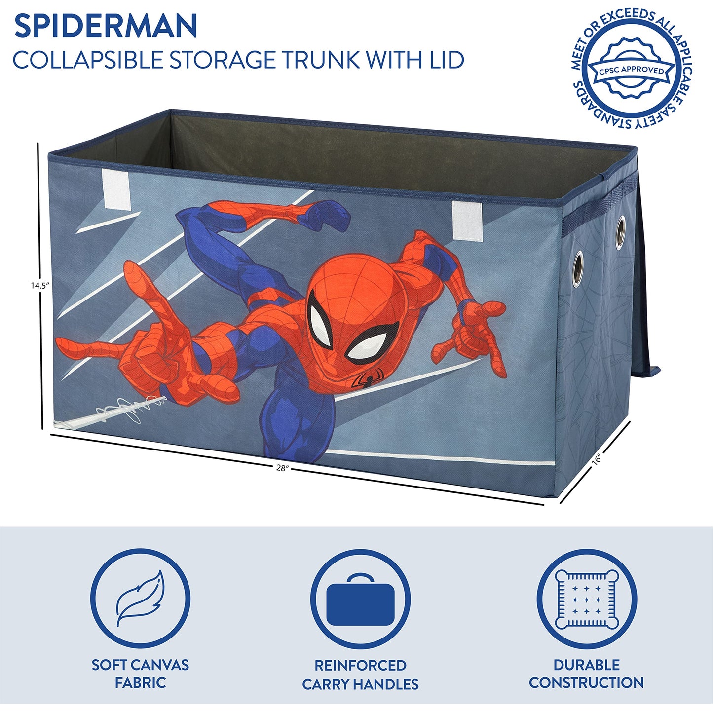 Marvel Spiderman Toy Storage Trunk for Kids,Collapsible Organizer with Soft Lid, Durable Fabric, 28.5x14.5x16, Blue Chest for Bedroom & Playroom