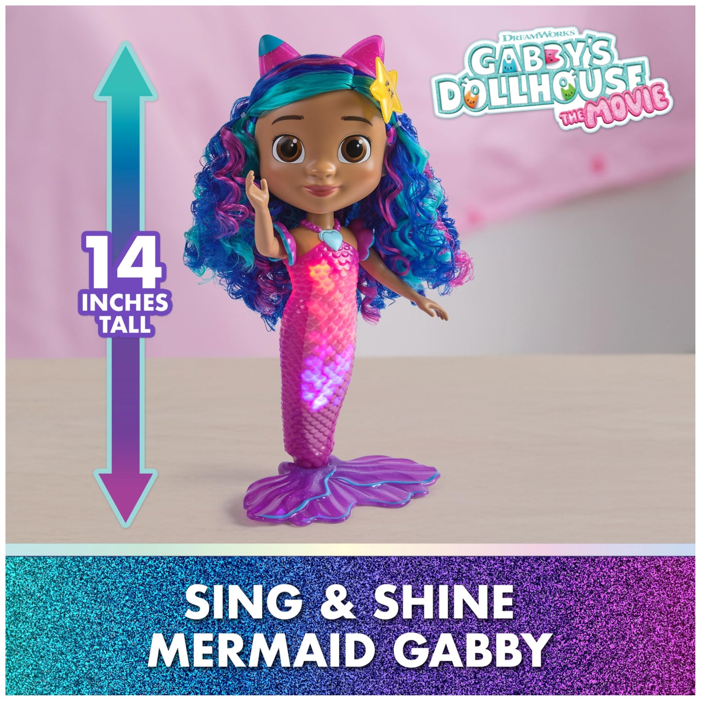 DreamWorks GABBY'S Dollhouse The Movie, Sing & Shine Mermaid Gabby, Waterproof Mermaid Doll with Lights & Sounds, Kids Toys for Girls & Boys Ages 3 and Up